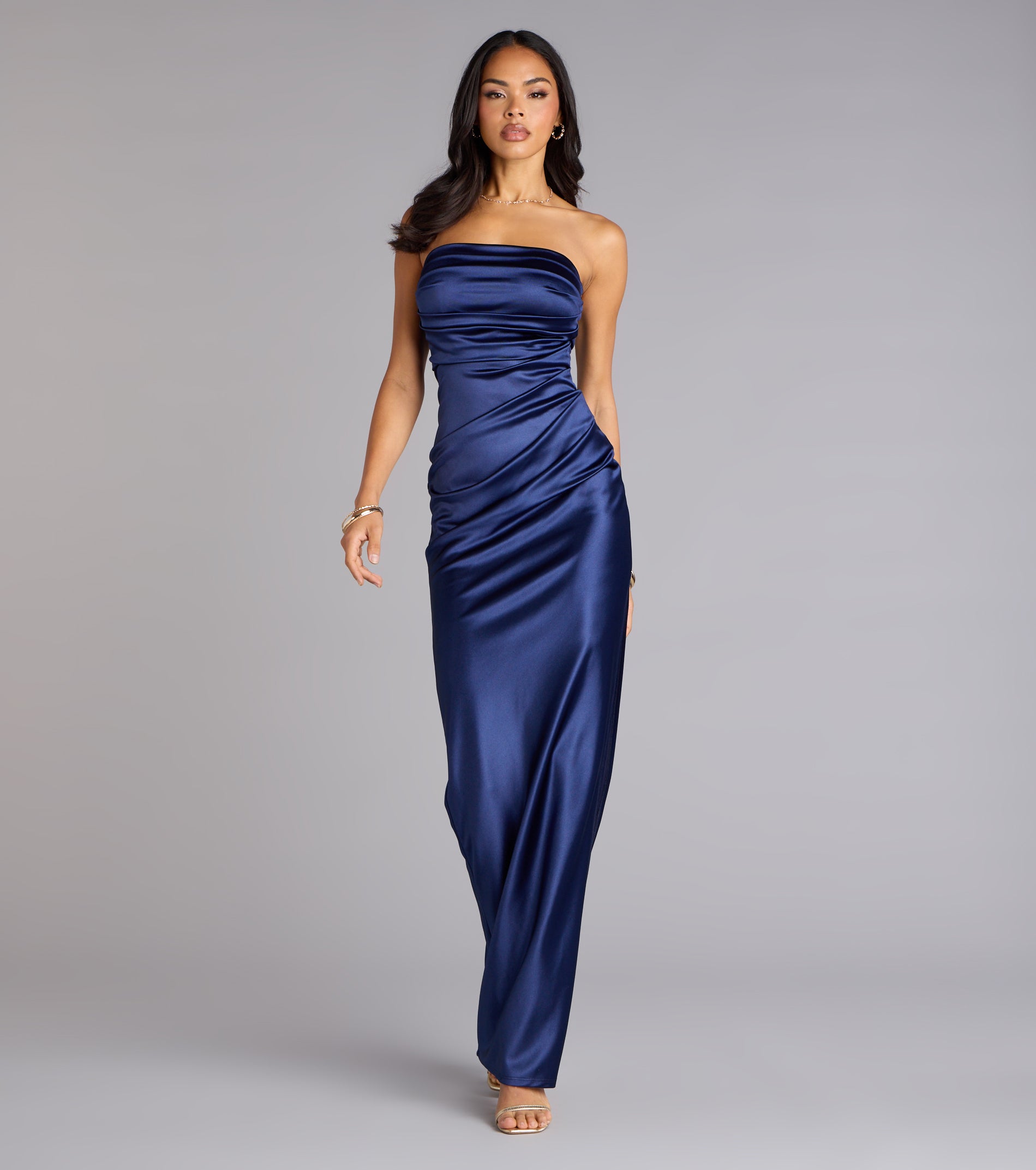 Brianna Satin Strapless High Slit Column Dress