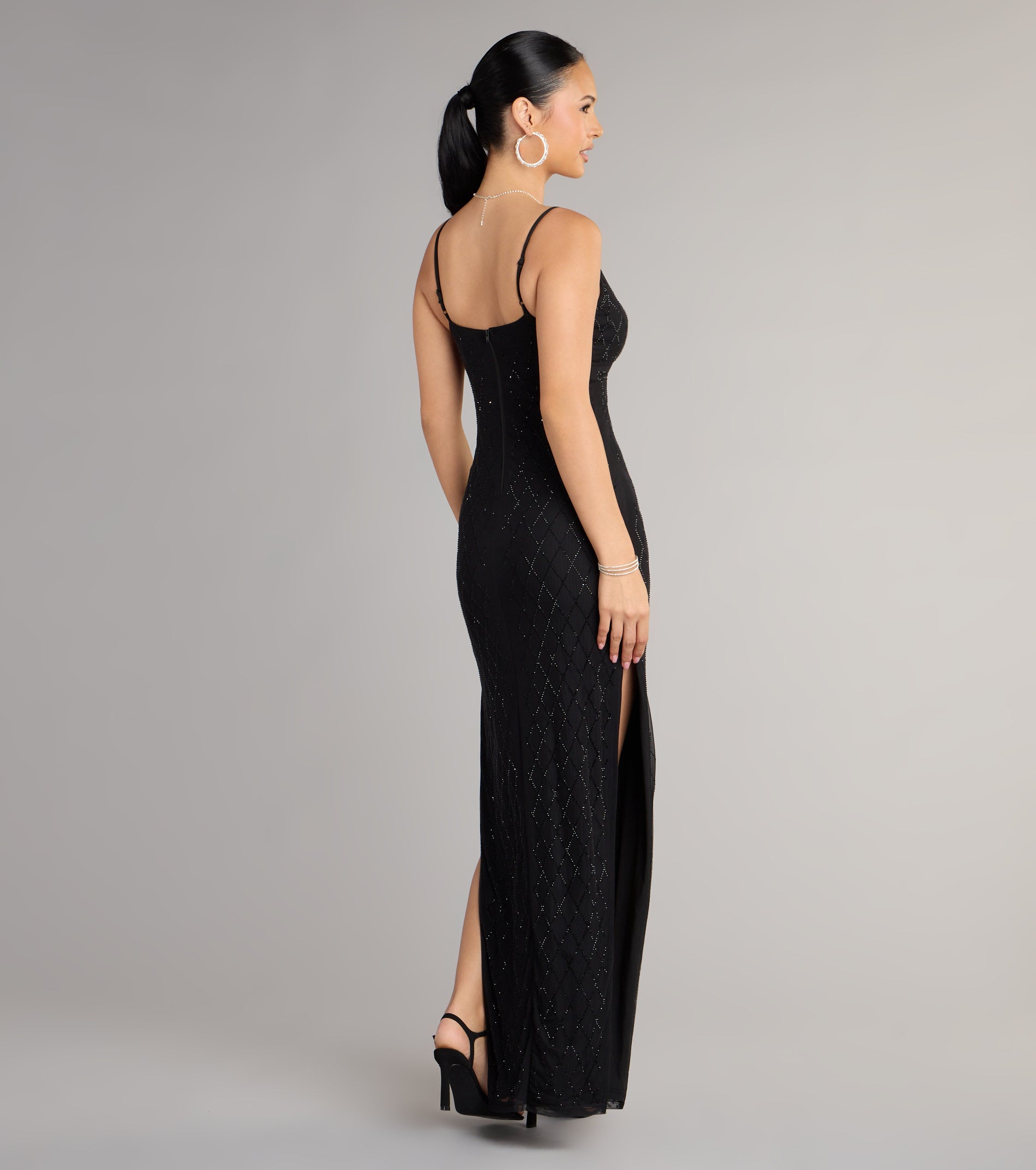 Arianna Rhinestone Mesh High Slit Column Dress