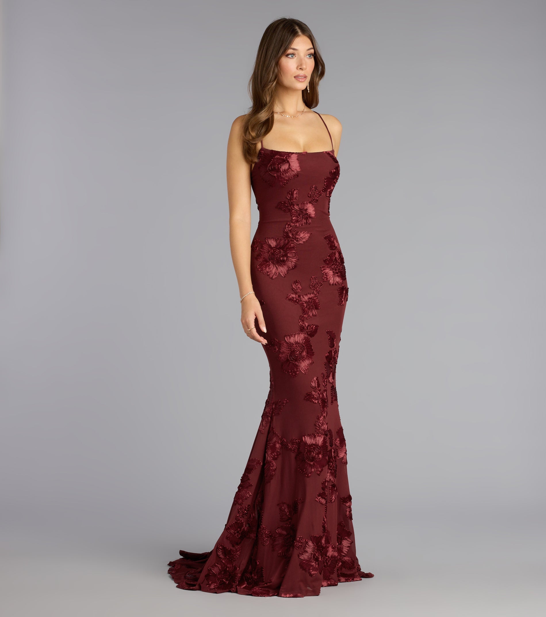 Gabi Lace-Up Floral Trim Mermaid Formal Dress