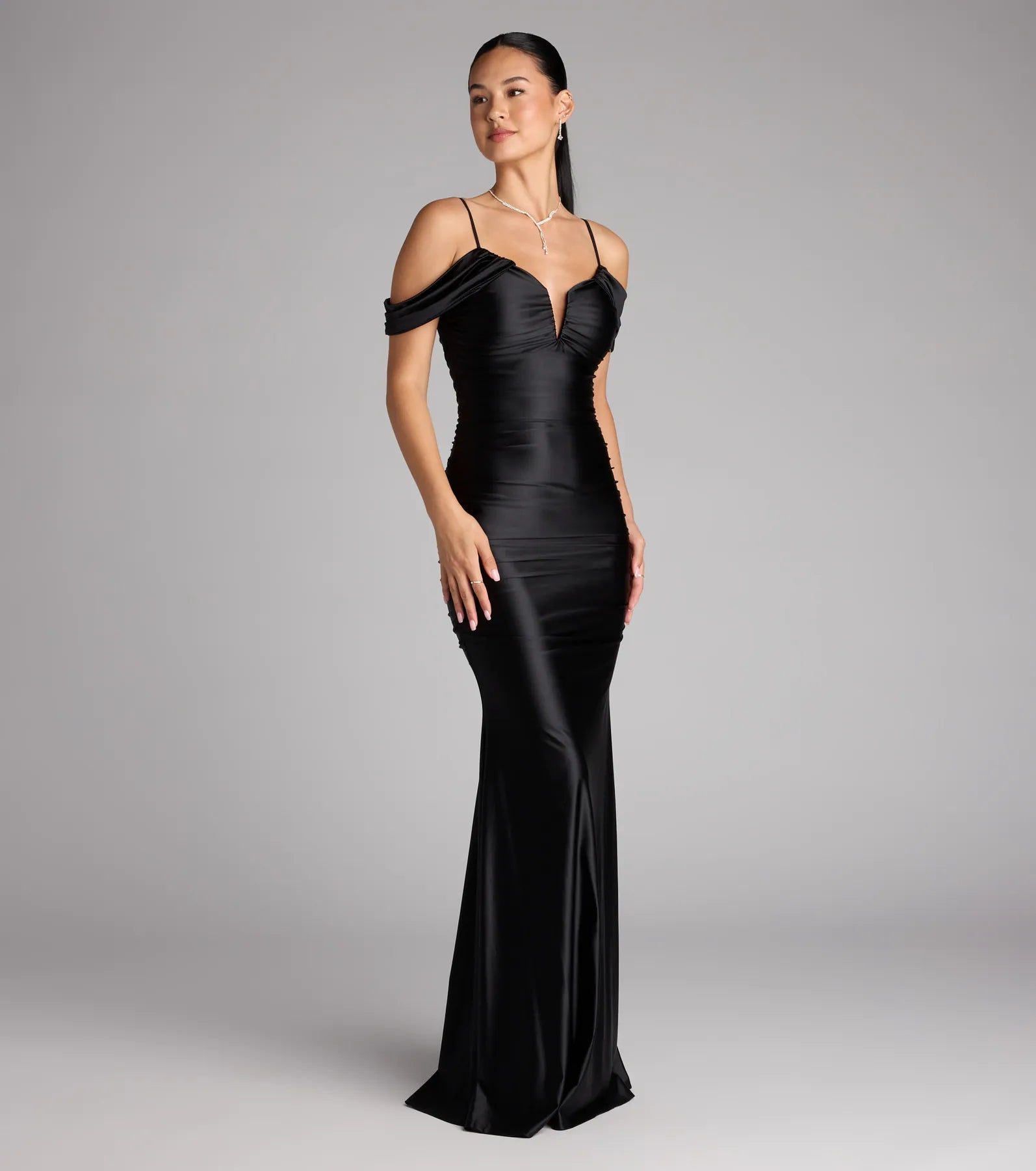 Jelene Cold-Shoulder Mermaid Satin Formal Dress