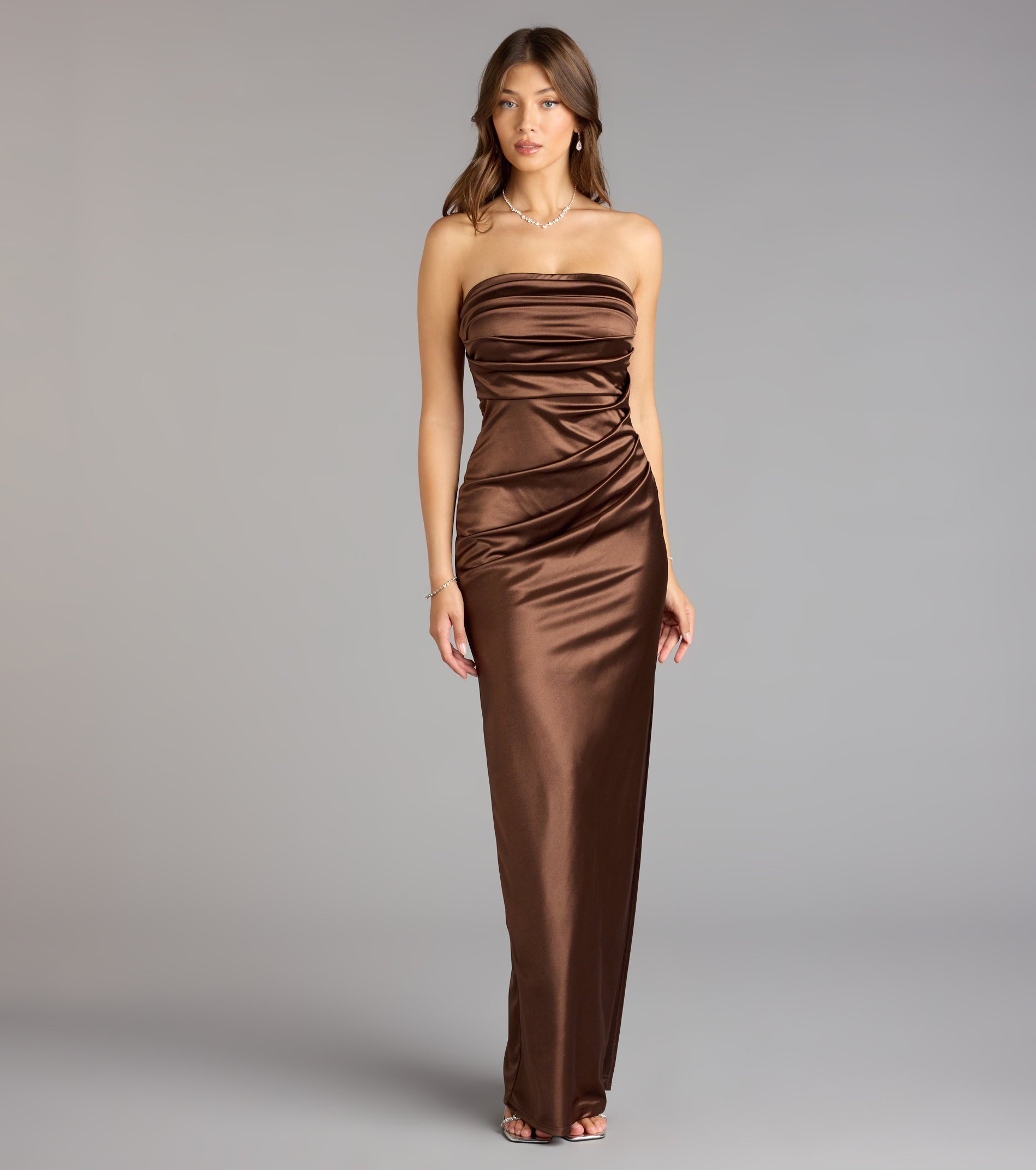 Brianna Satin Strapless High Slit Column Dress