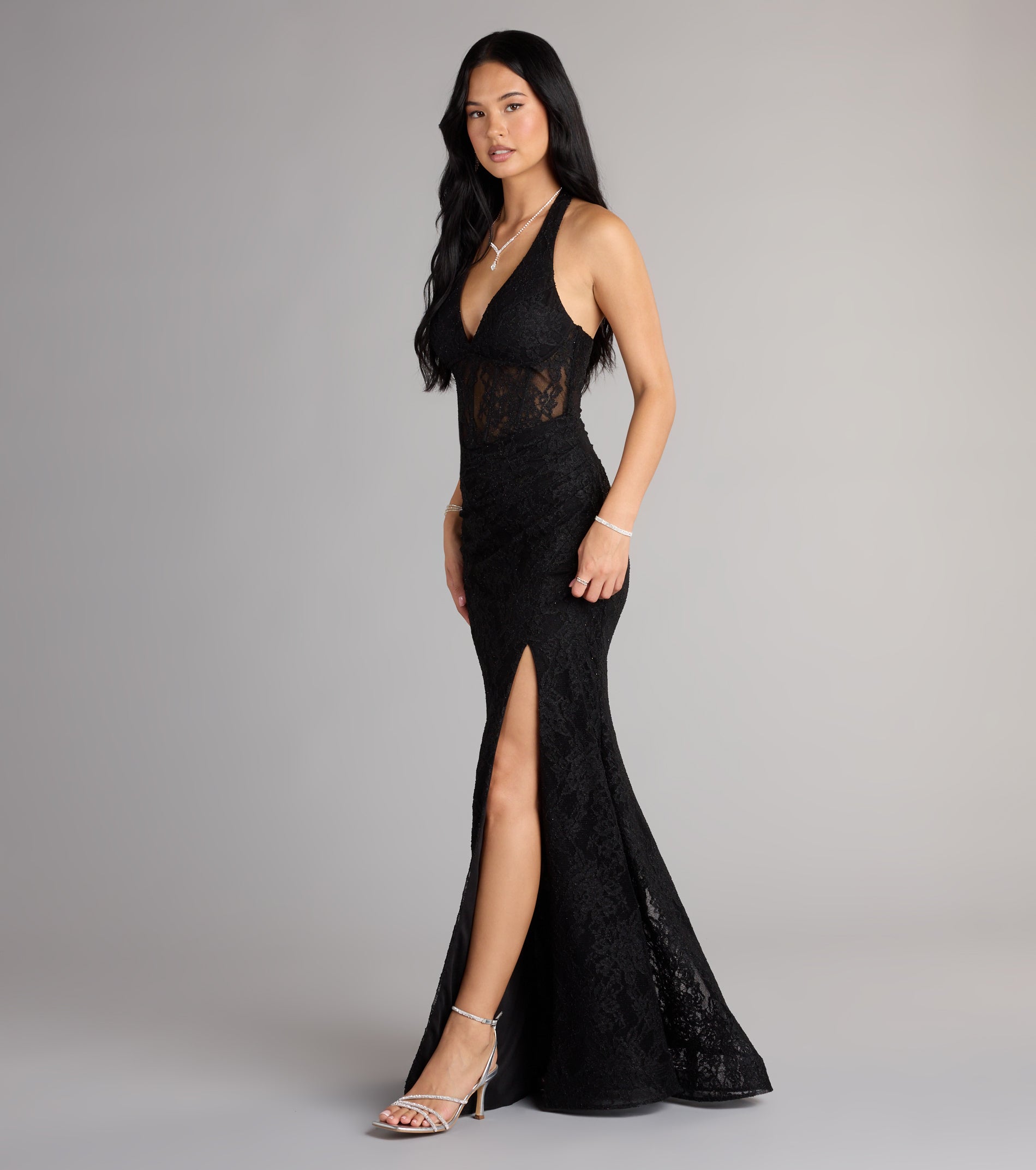 Cadie Halter Corset Slit Lace Formal Dress