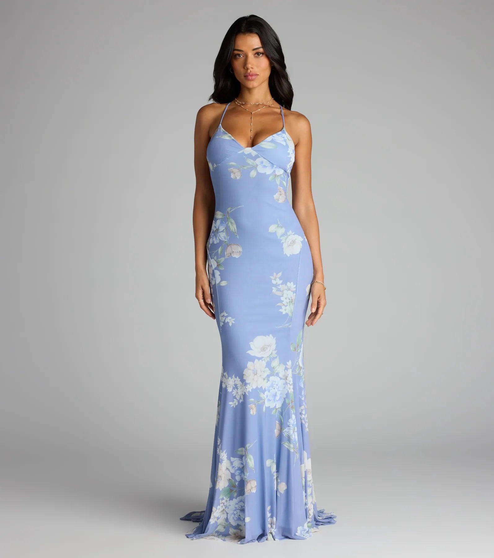 Pascha Strappy Open Back Mermaid Floral Formal Dress