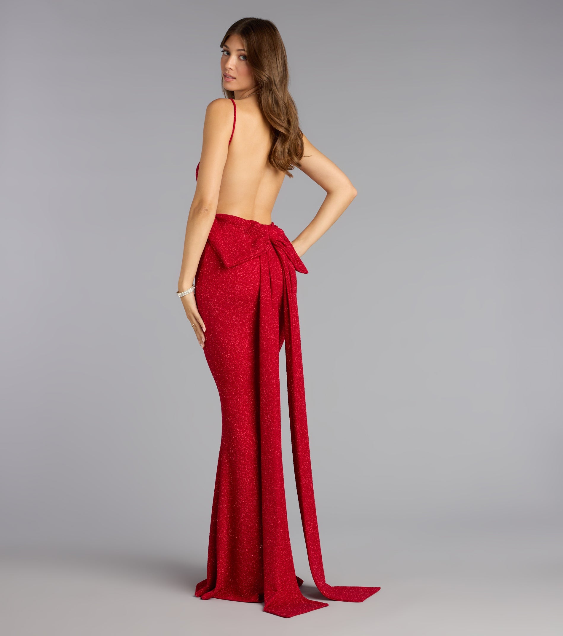 Gwendolyn Glitter Knit Bow-Back Mermaid Dress