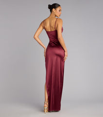 Jane Cowl Neck Slit Satin Formal Column Dress