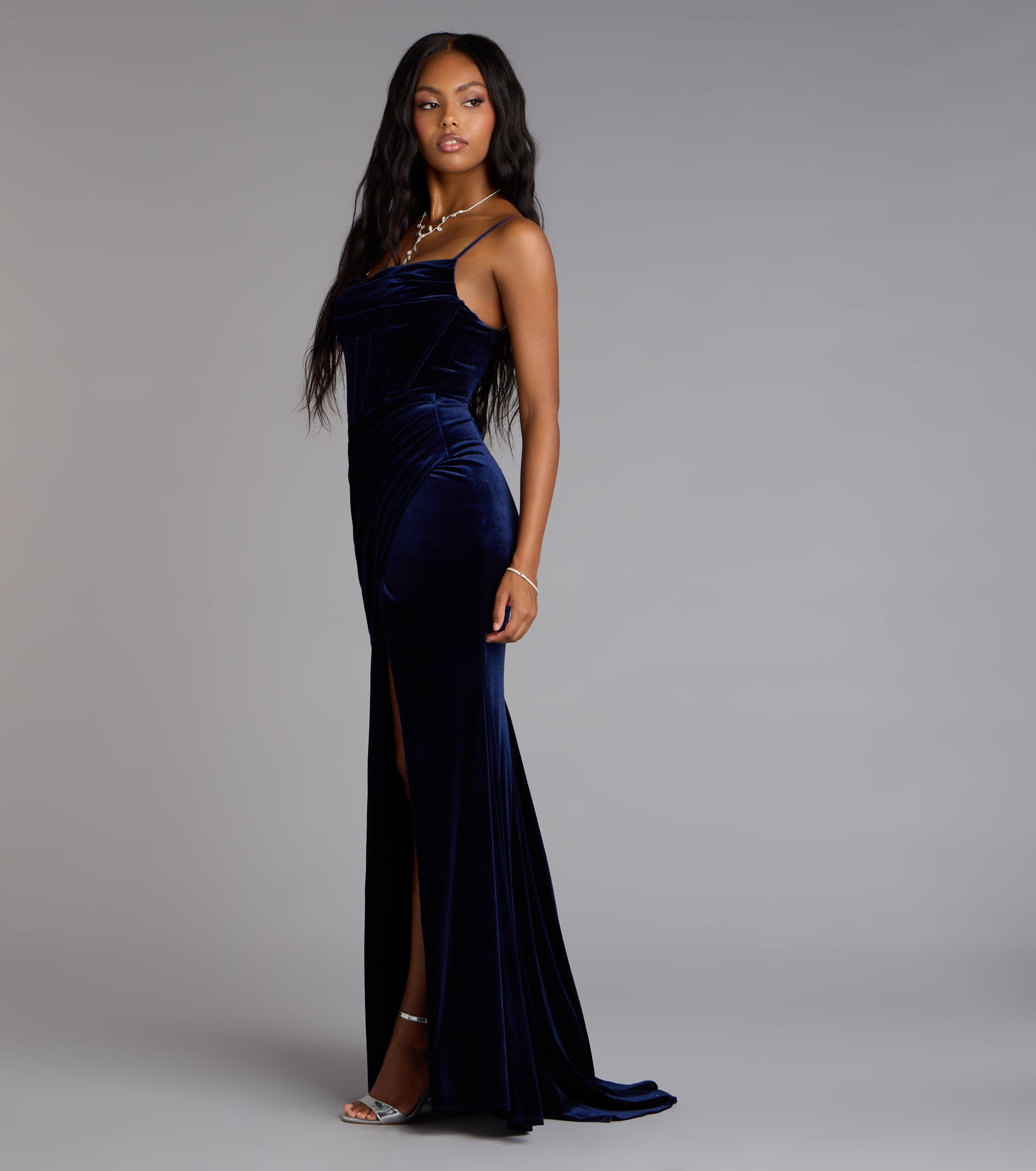 Saylor Velvet Lace-Up Slit Mermaid Formal Dress