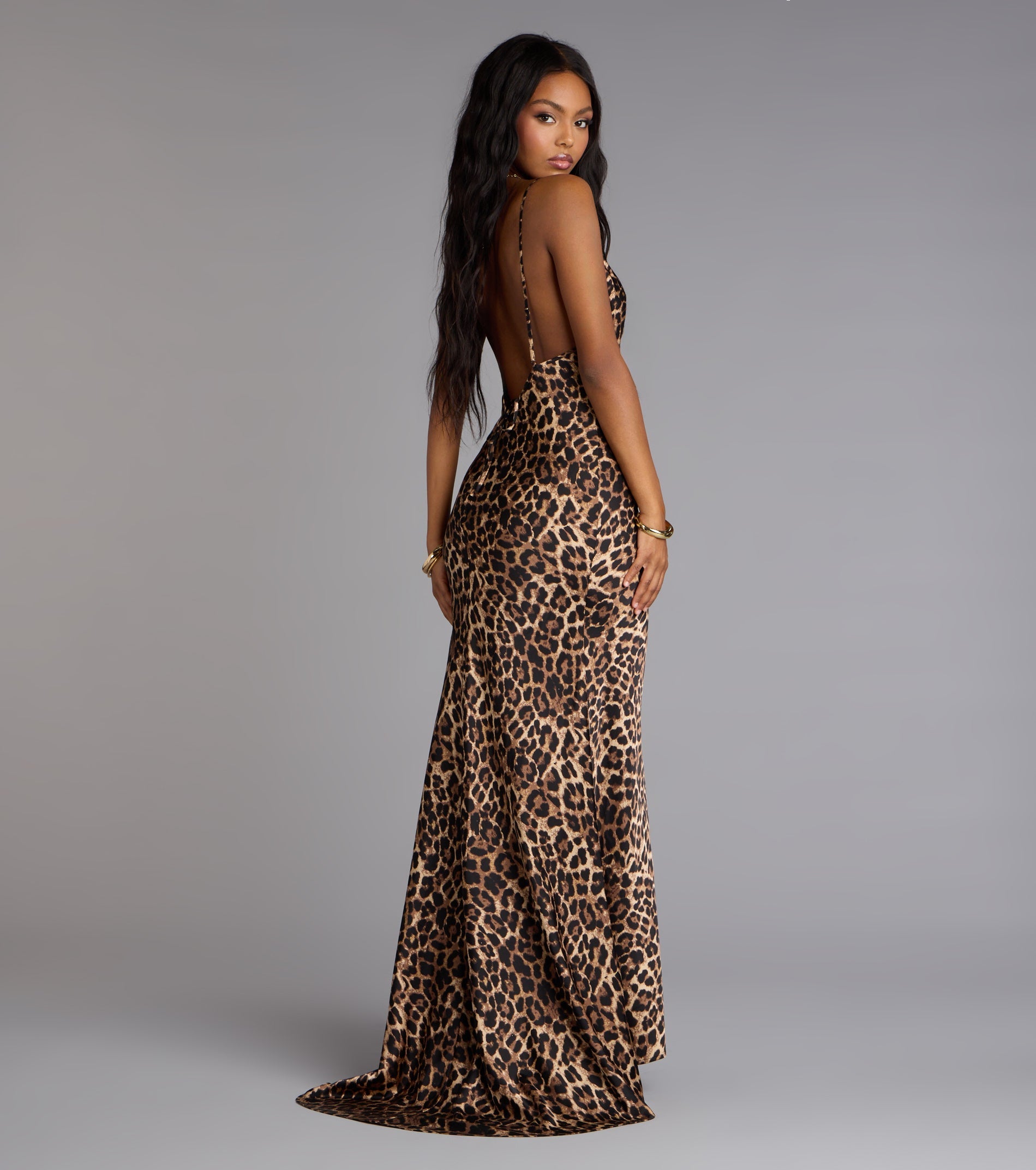 Angelina Leopard Print Satin Mermaid Dress