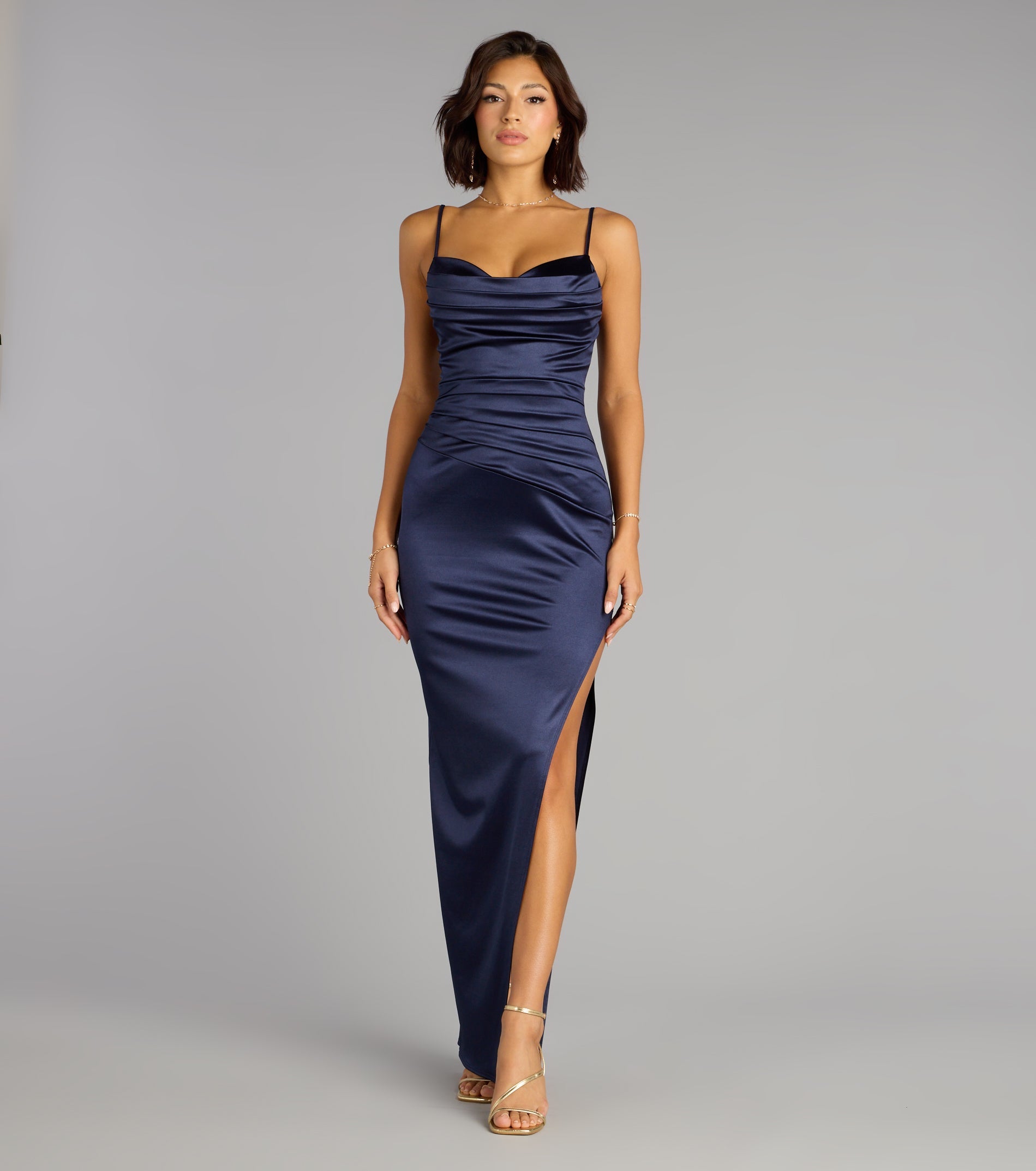 Alessia Satin Cowl Neck Slit Formal Dress