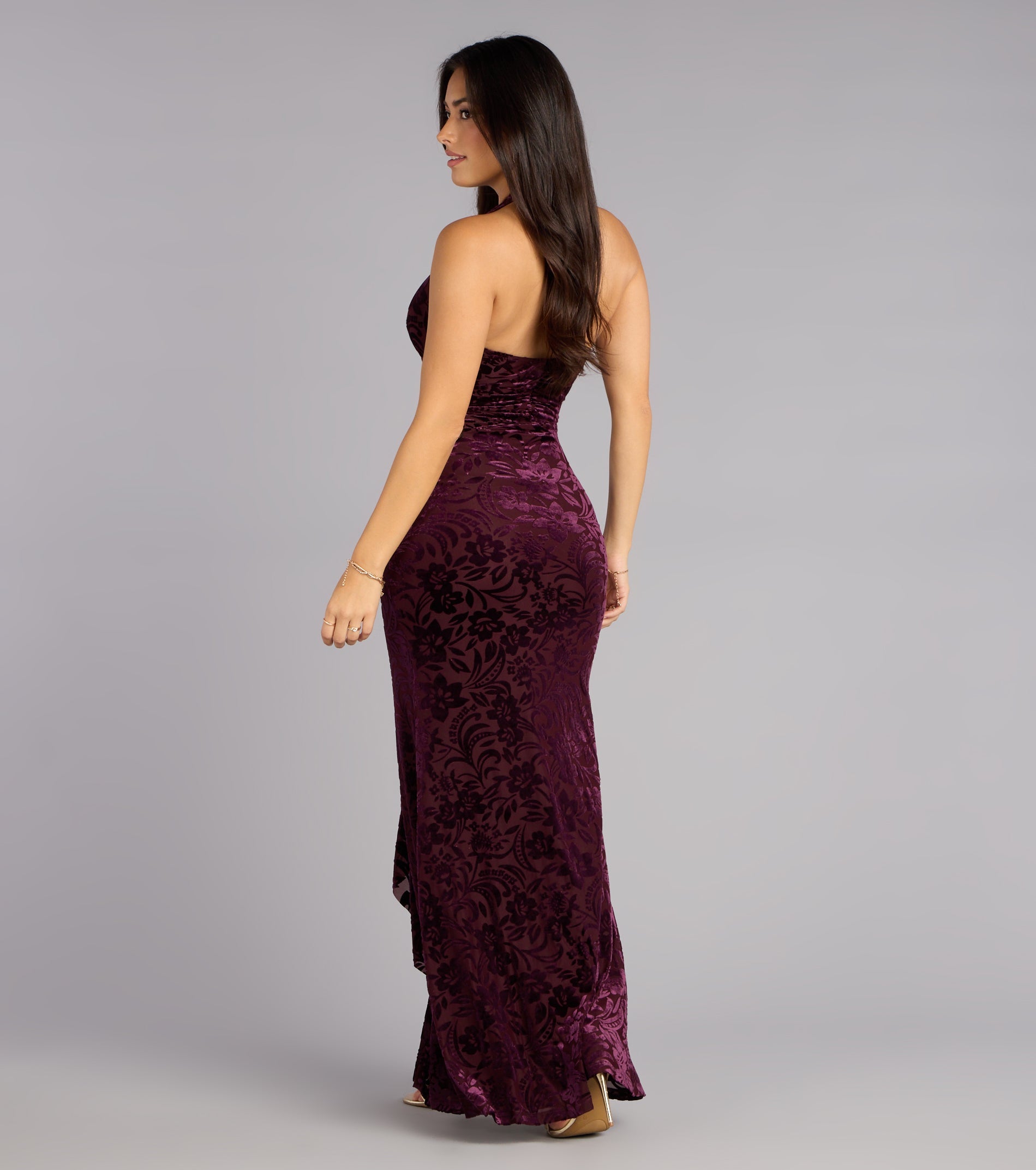 Candace Velvet Halter Ruffle Formal Dress