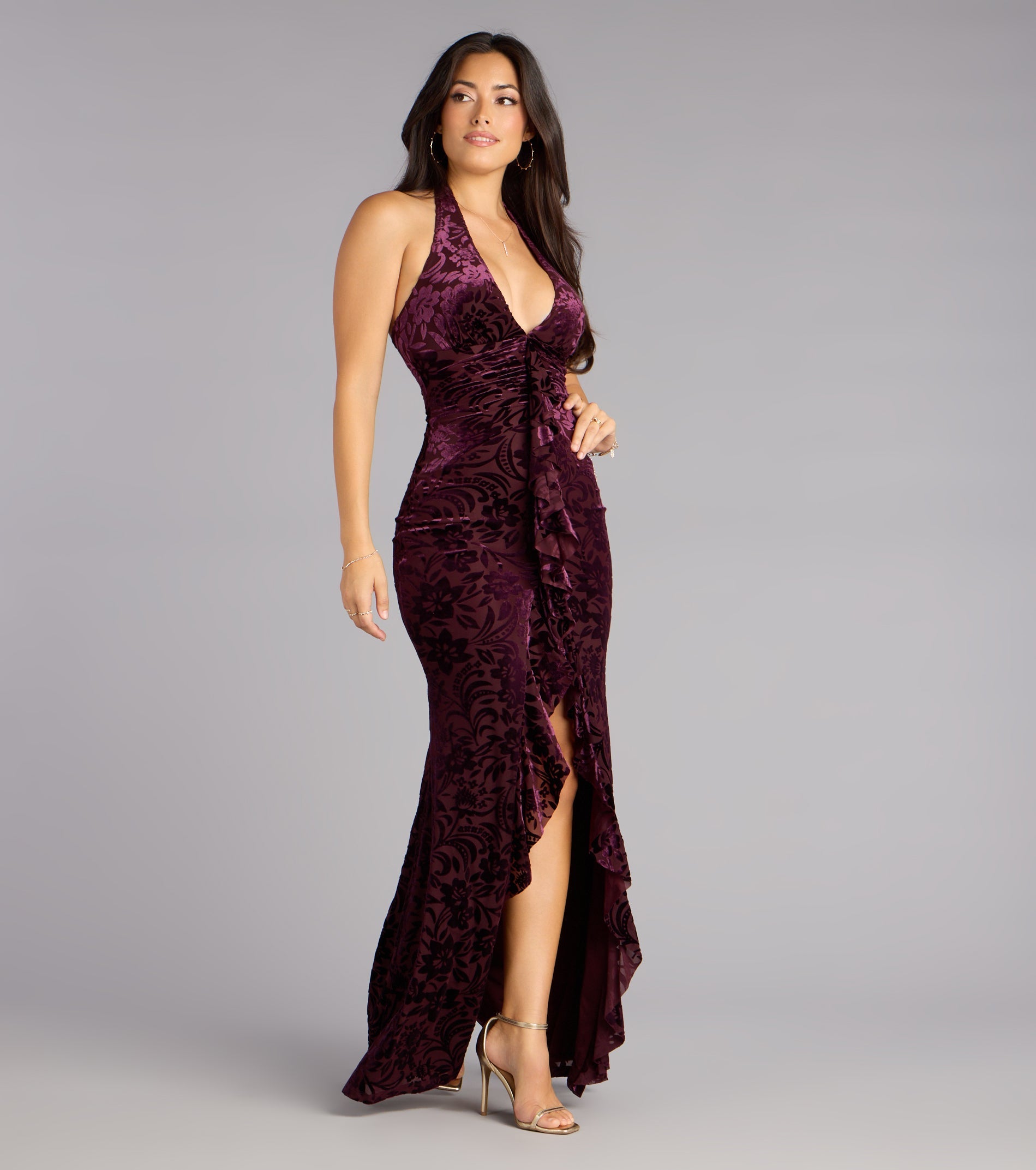 Candace Velvet Halter Ruffle Formal Dress