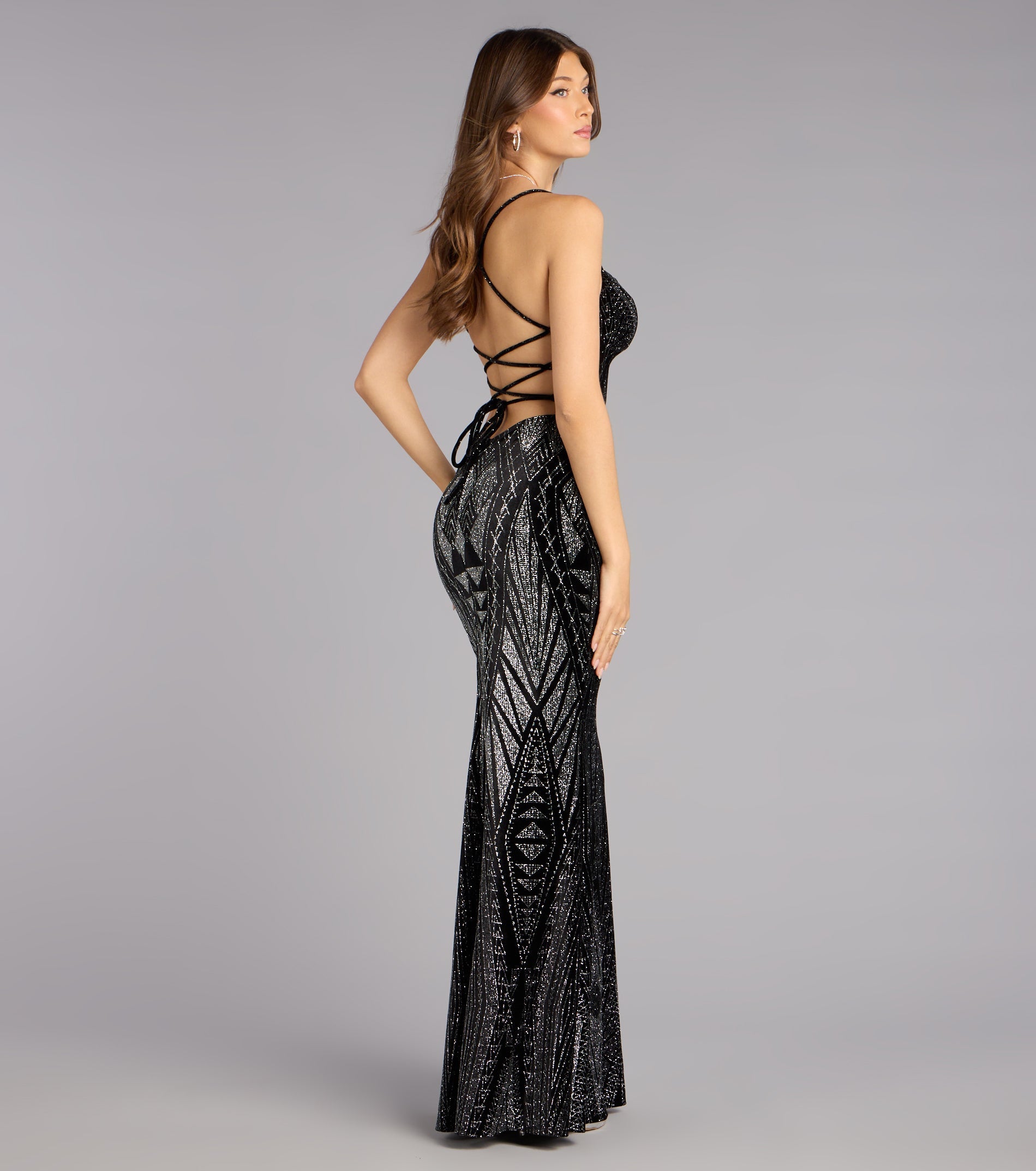 Barbra Glitter Velvet Lace-Up Formal Dress