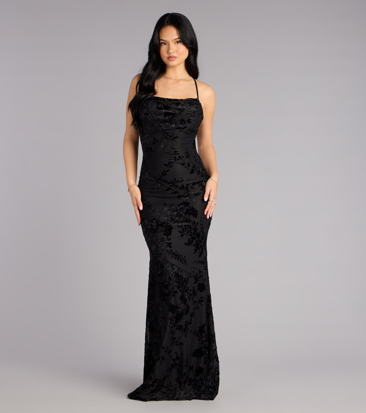 Alma Flocked Floral Mesh Mermaid Dress