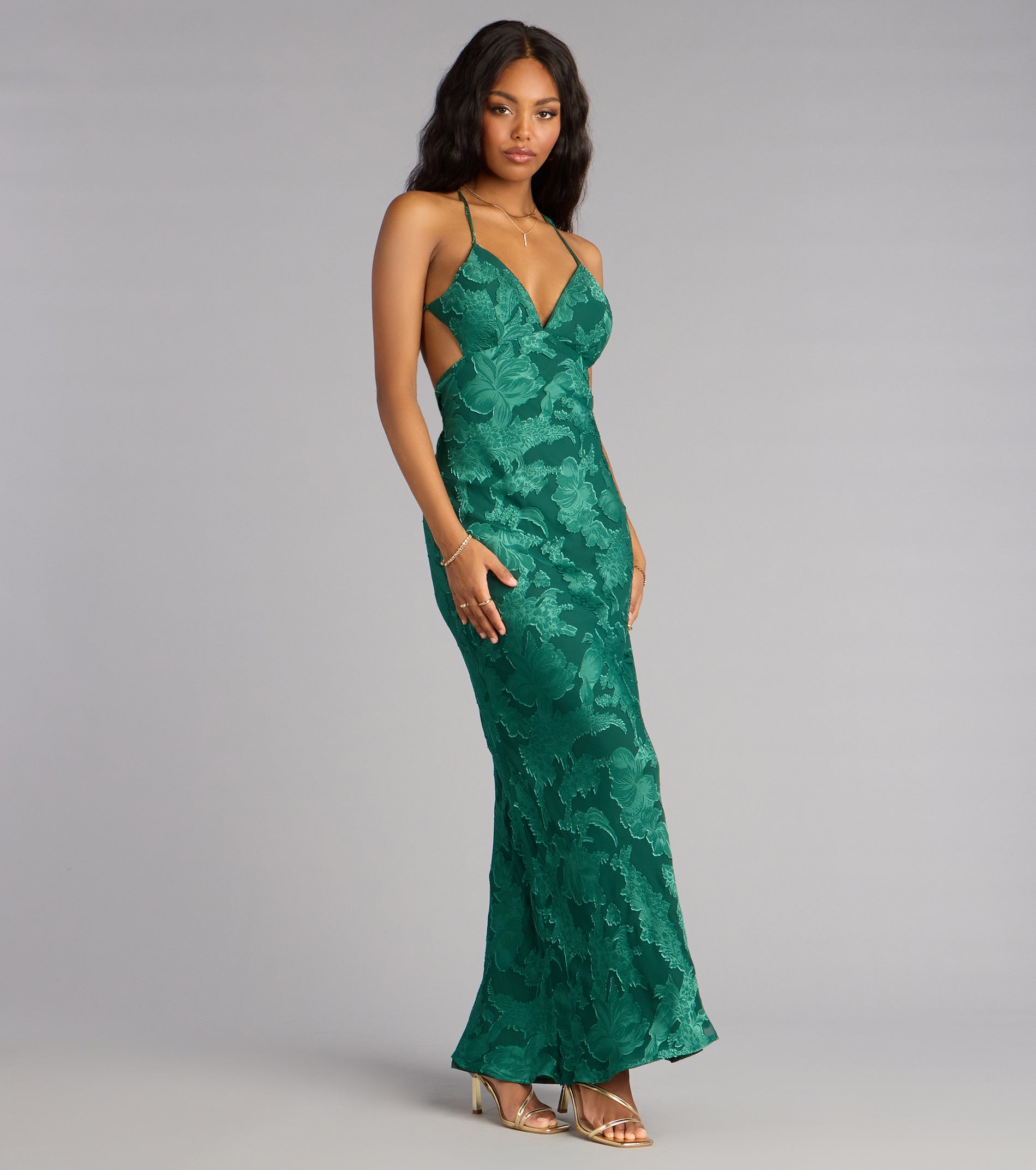 Enya Floral Mesh Lace-Up Formal Dress