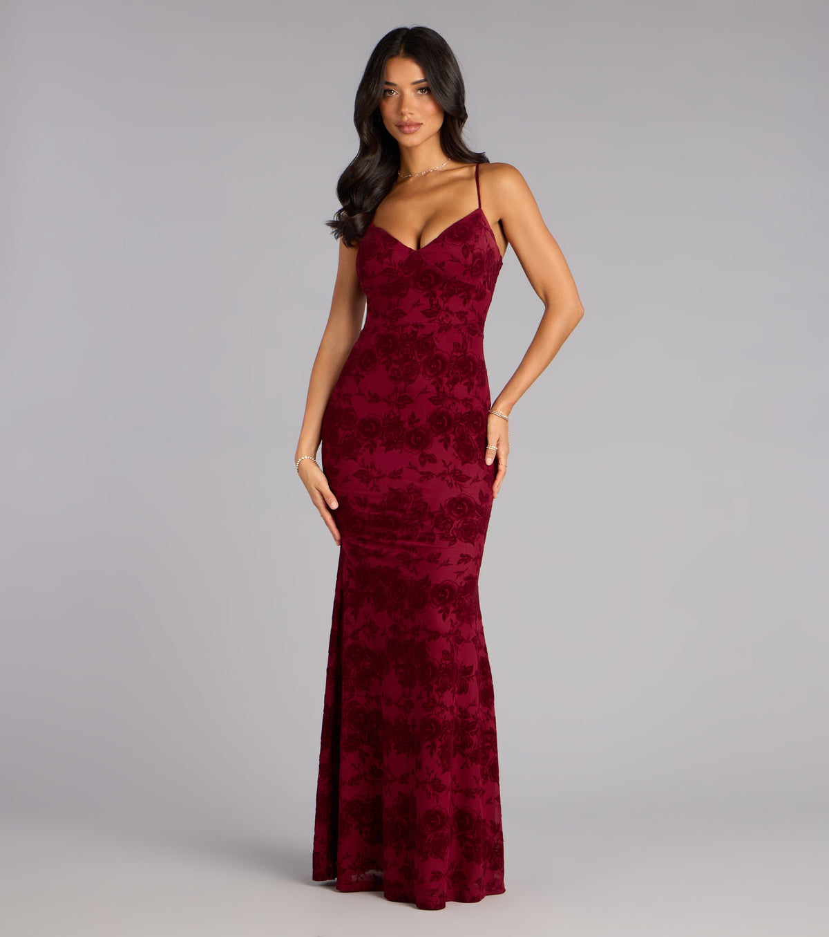 Mildred Flocked Velvet Strappy Mermaid Formal Dress