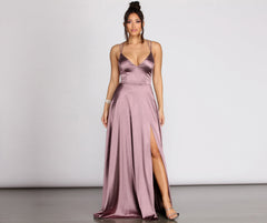 Brielle Stretch Satin V Neck Formal Dress