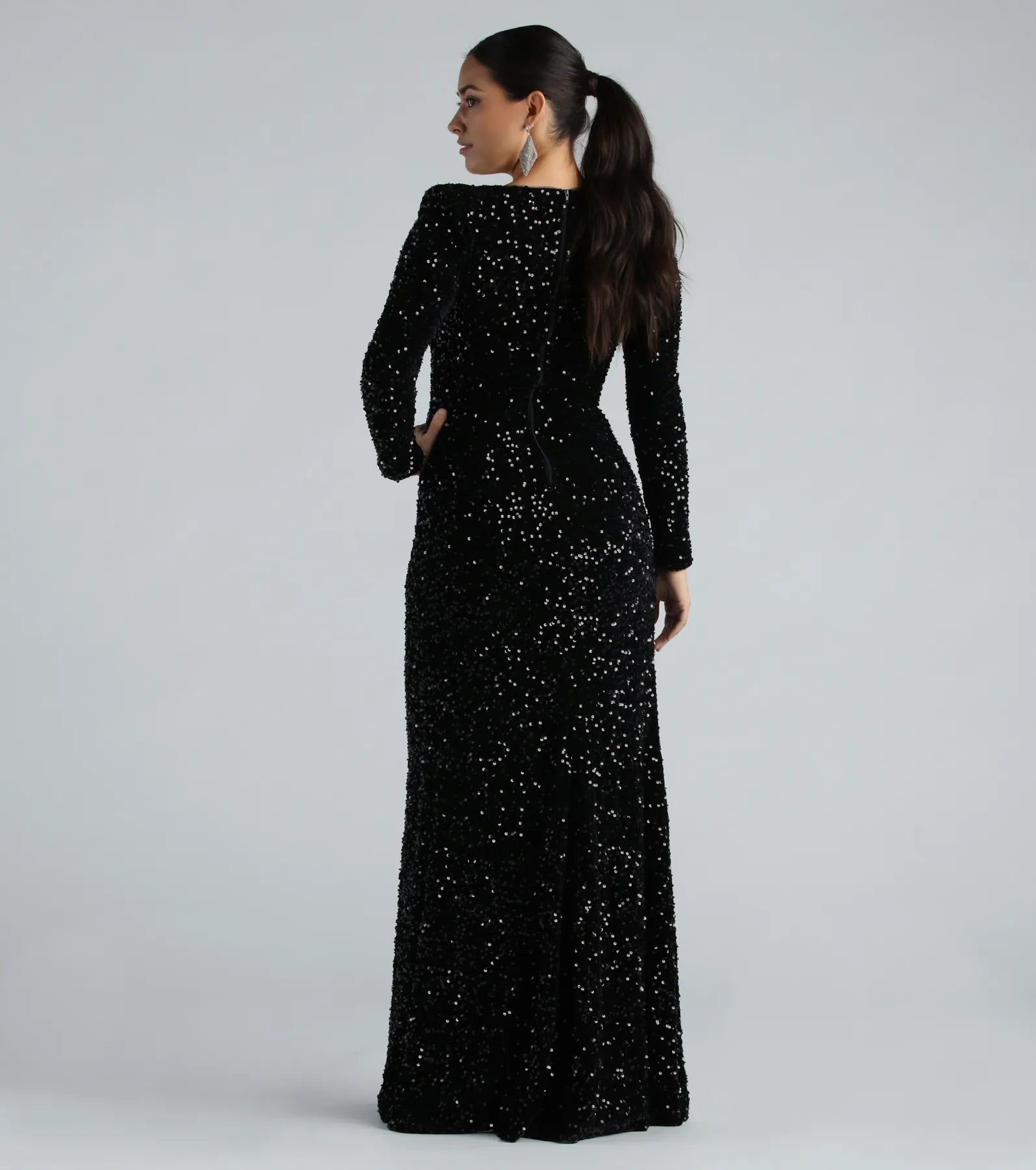 Trina Formal Velvet Sequin Long Sleeve A-Line Dress