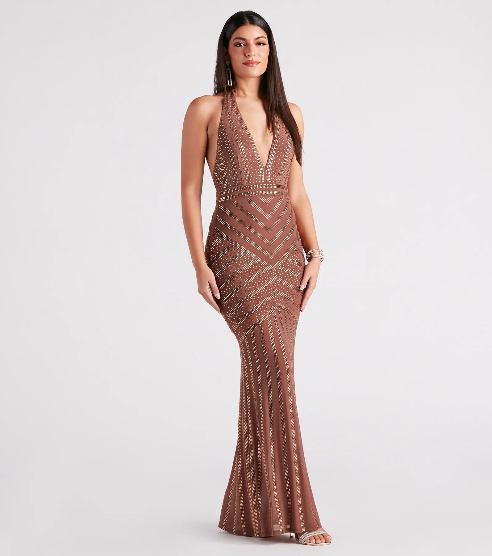 Miriam Rhinestone Plunging Halter Mermaid Dress