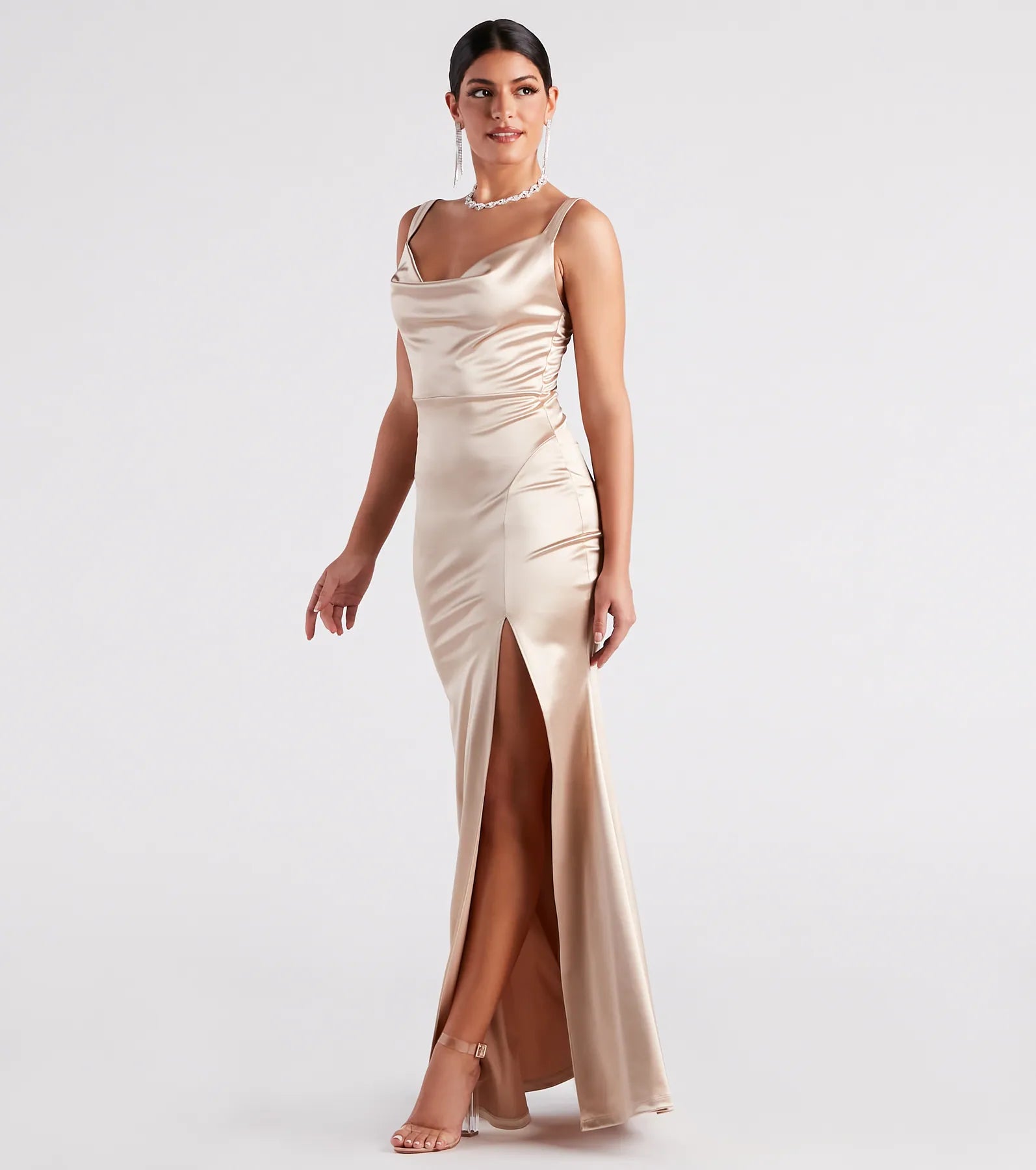 Kaylani Formal Satin Cowl Neck Long Dress