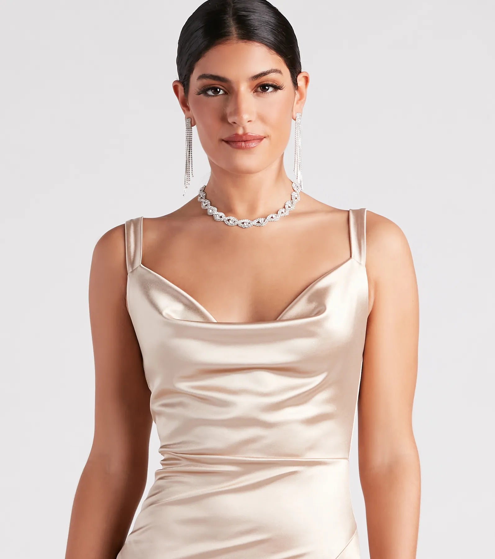 Kaylani Formal Satin Cowl Neck Long Dress