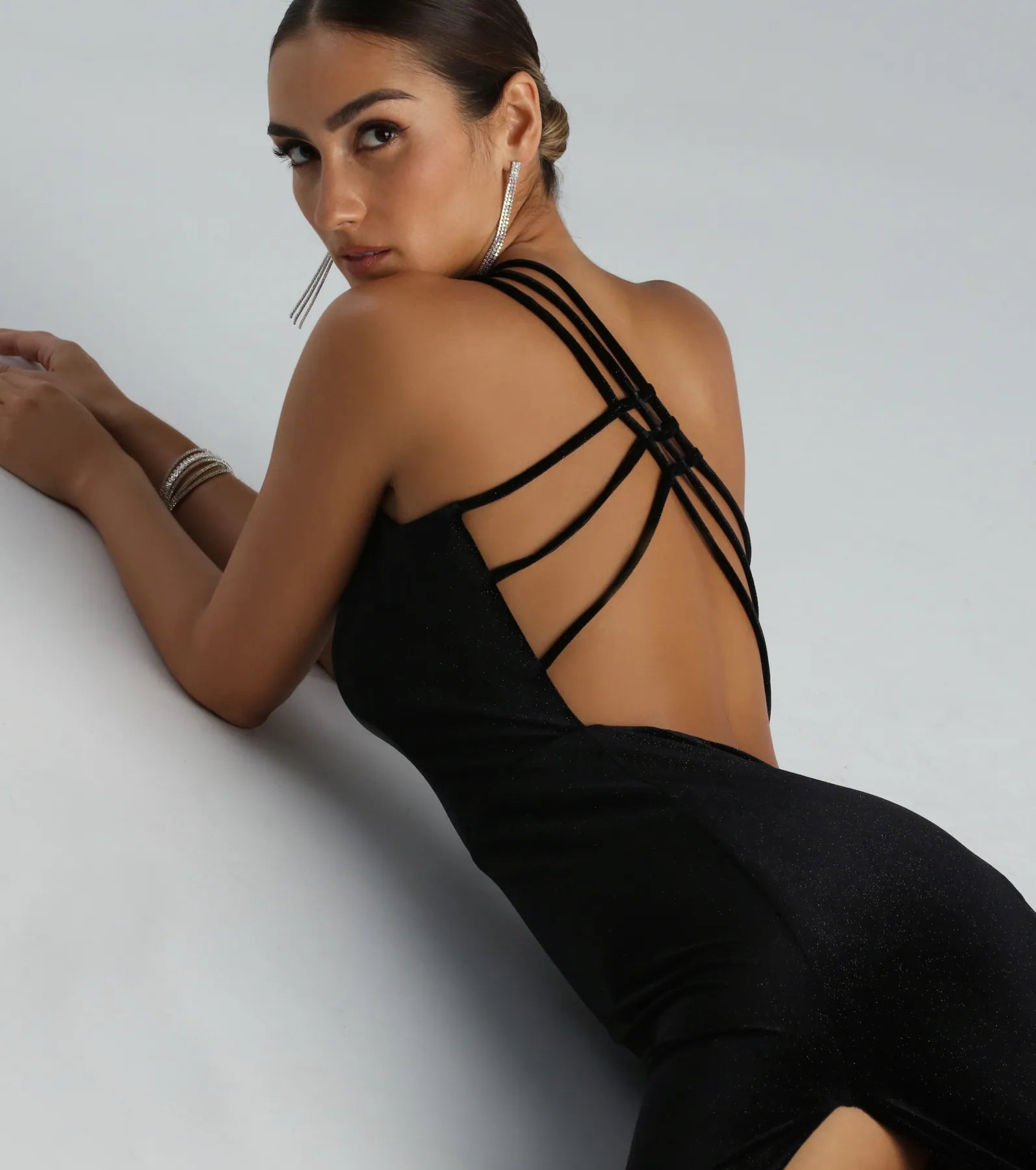 Lilian Formal Glitter Velvet Strappy Back Long Dress