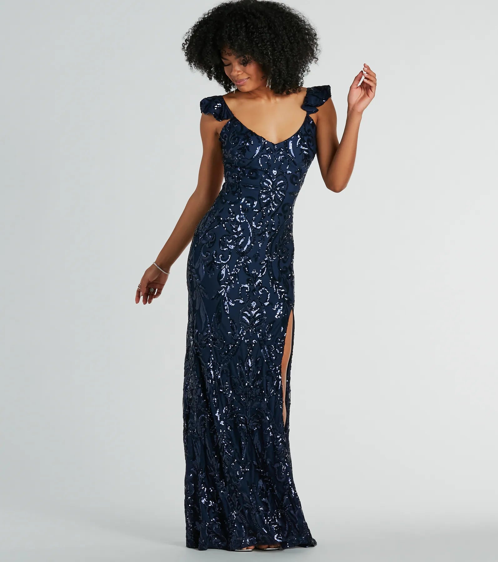 Estella V-Neck Column Long Sequin Formal Dress