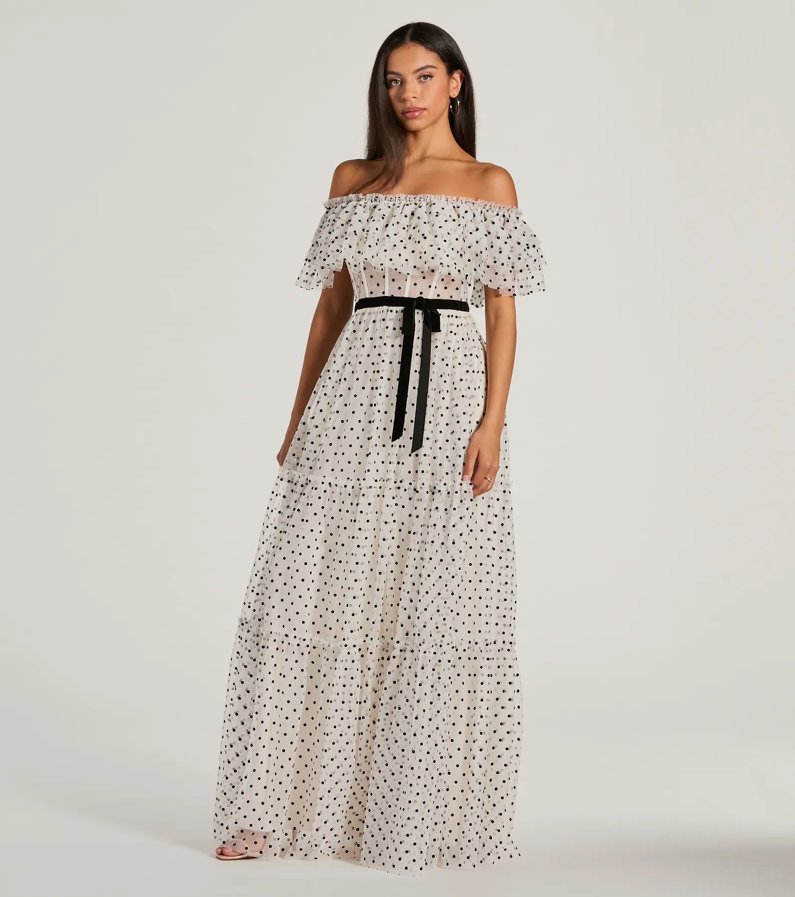 Aria Ruffled Off-The-Shoulder Polka Dot Mesh Formal Dress