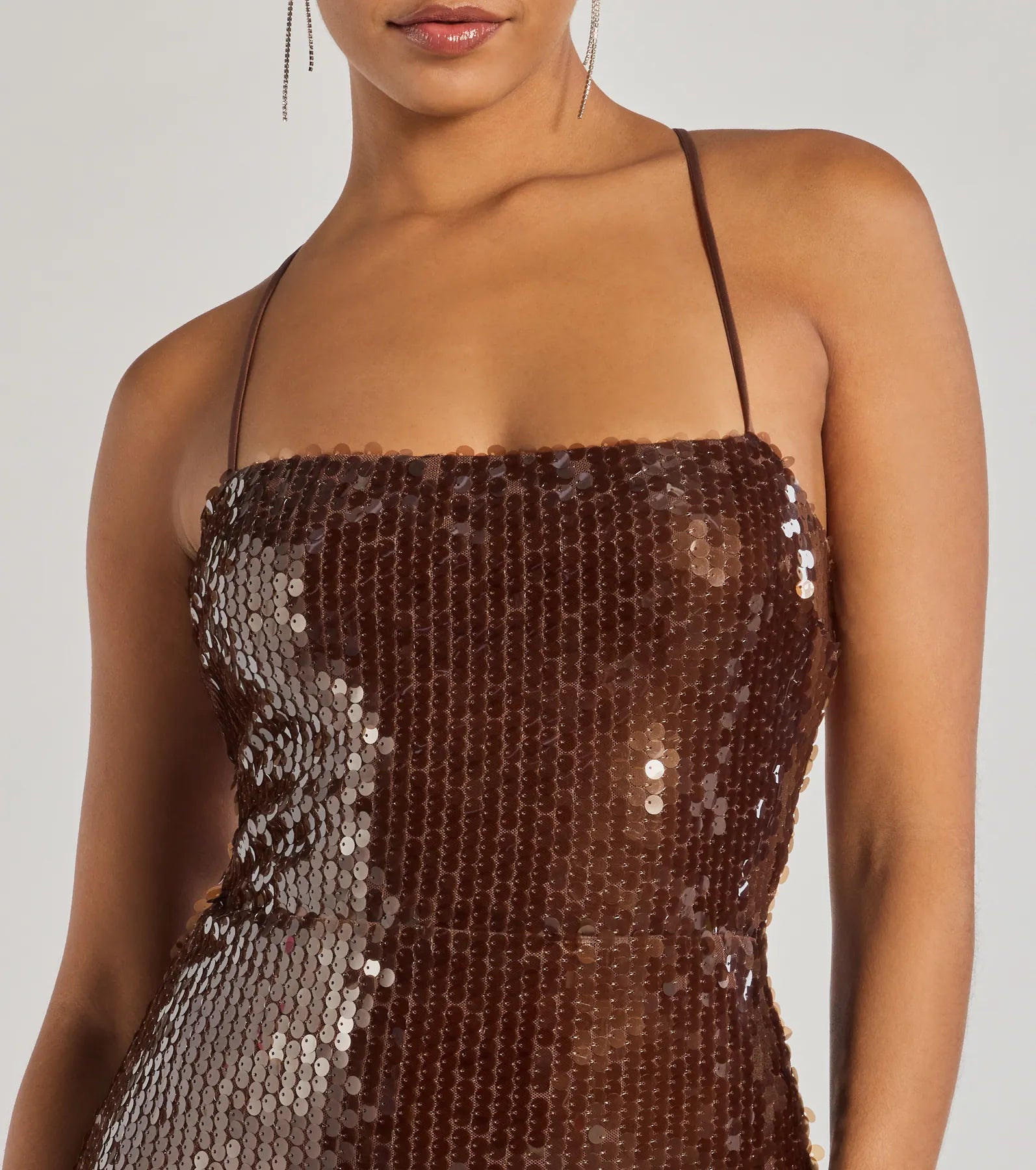 Naya Lace-Up High Slit Sequin Column Dress