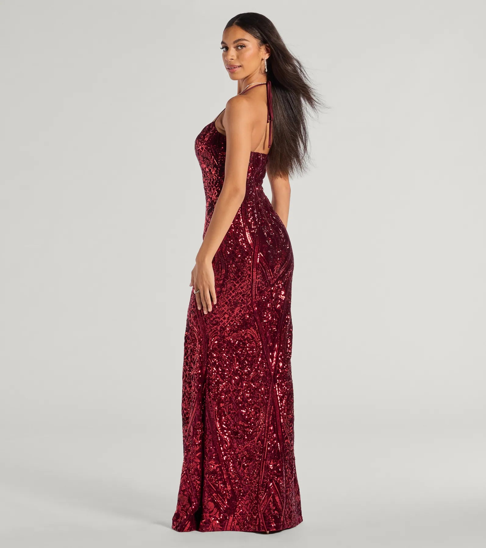 Meara Sequin Velvet Hight Slit Column Dress