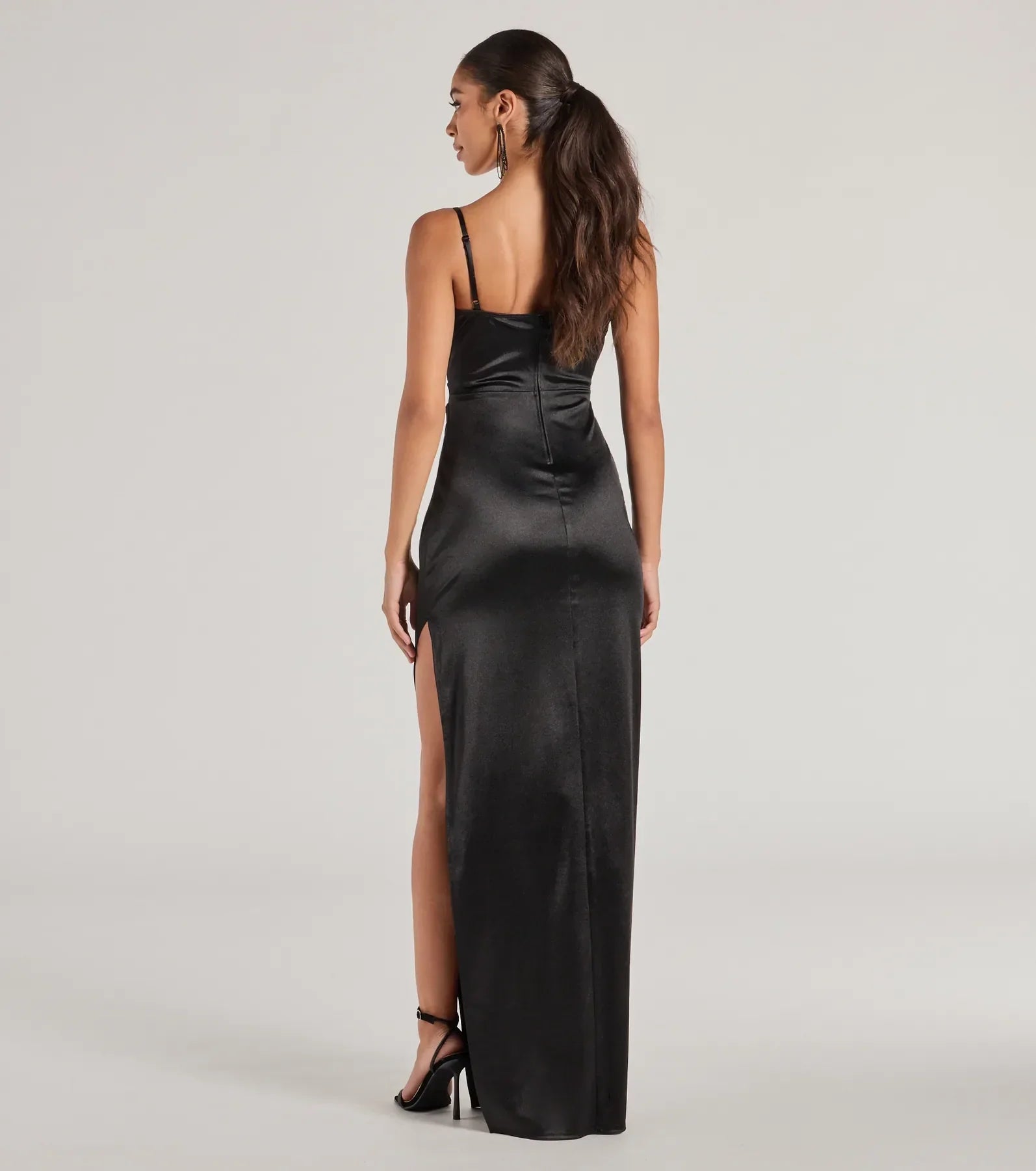 Iliana Cowl Neck High Slit Satin Column Dress