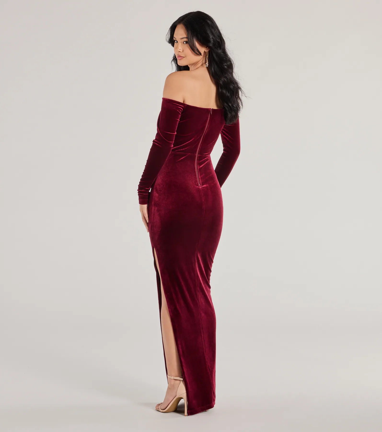 Rosalyn Velvet Off-The Shoulder Long Sleeve Column Dress