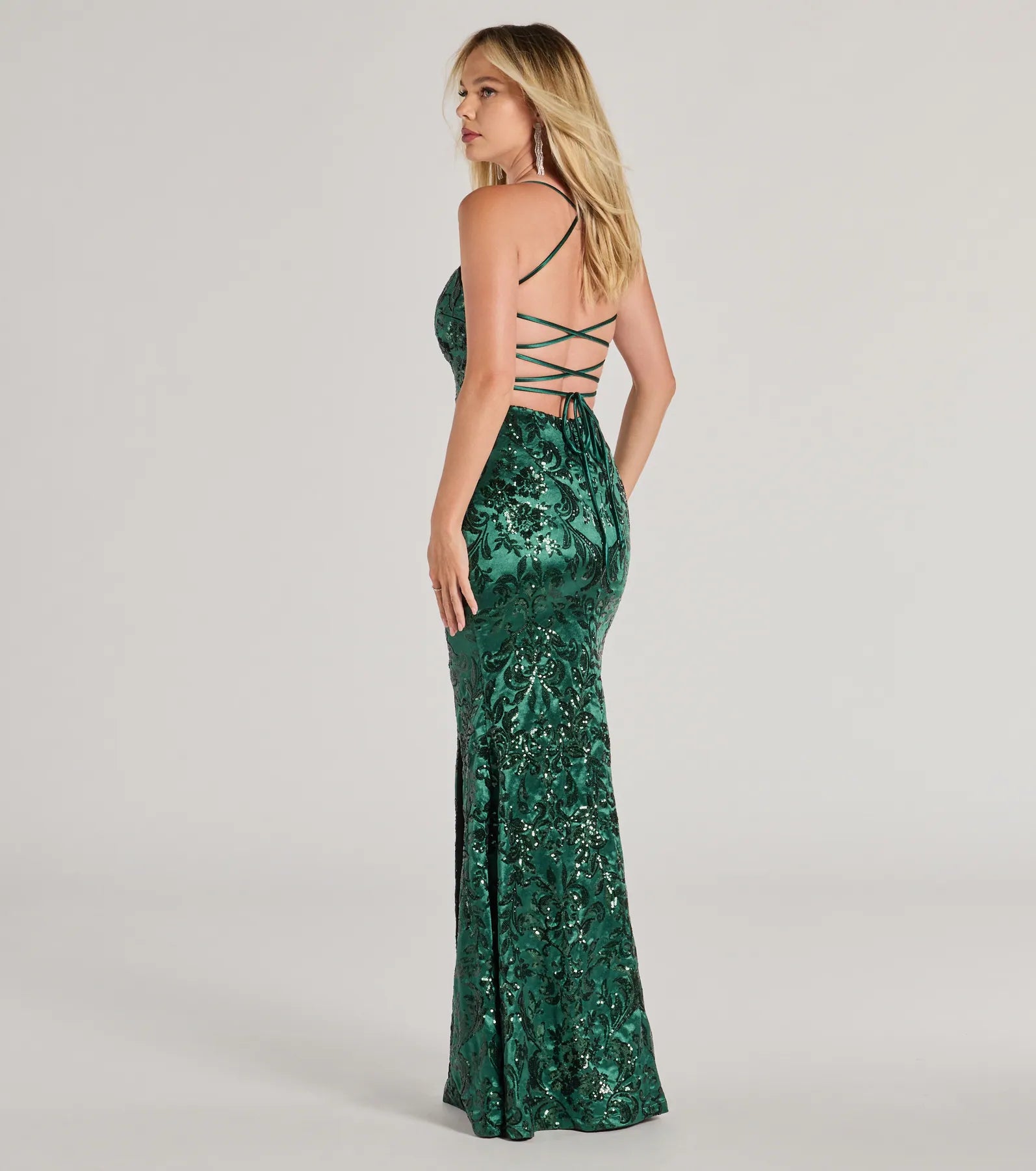 Marisol Lace-Up Column Sequin Satin Formal Dress