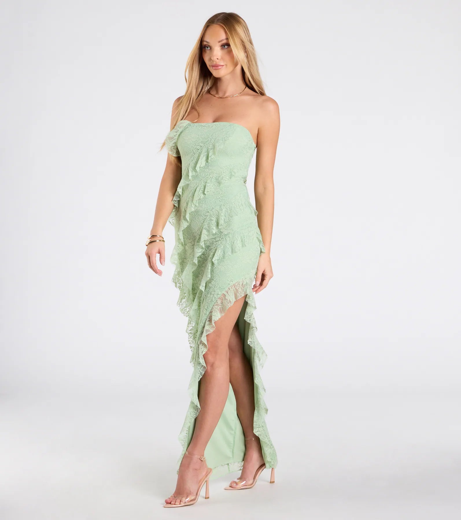Ellie Ruffled Lace High Slit Formal Dress