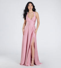 Abbey Lace-Up Slit A-Line Satin Formal Dress