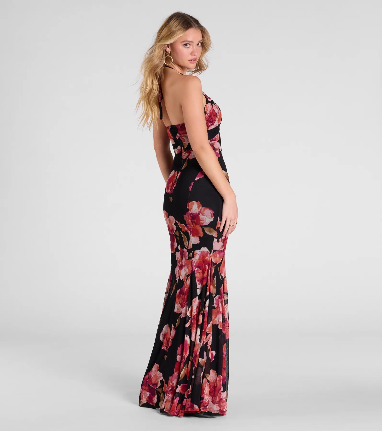 Malia Halter Mermaid Floral Mesh Formal Dress