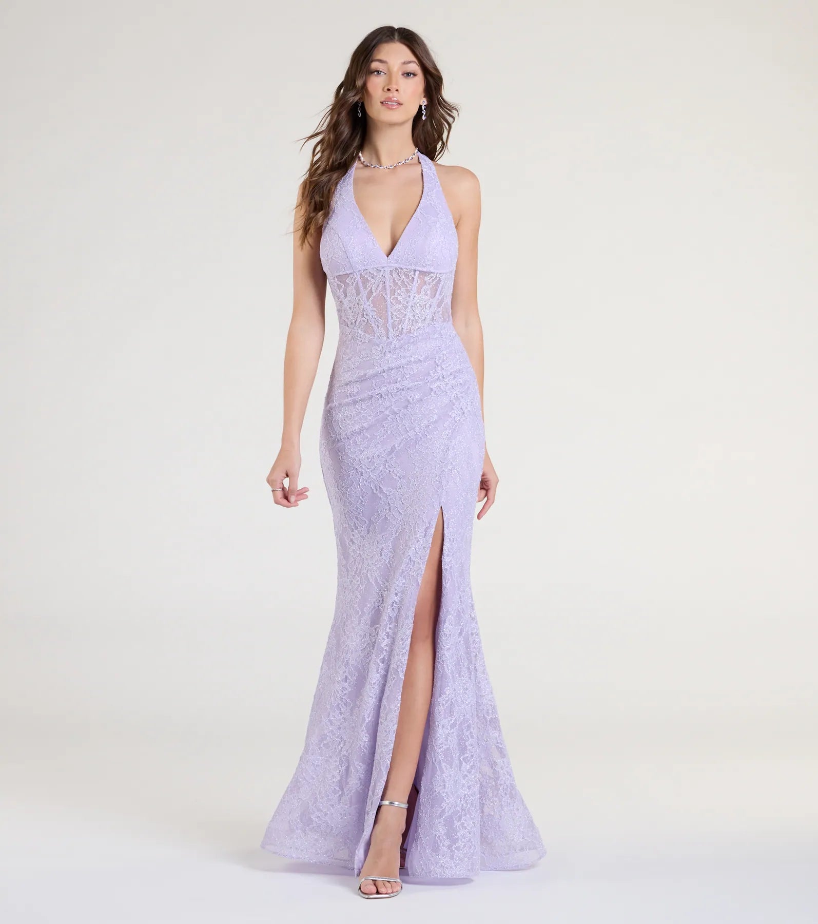 Cadie Halter Corset Slit Lace Formal Dress