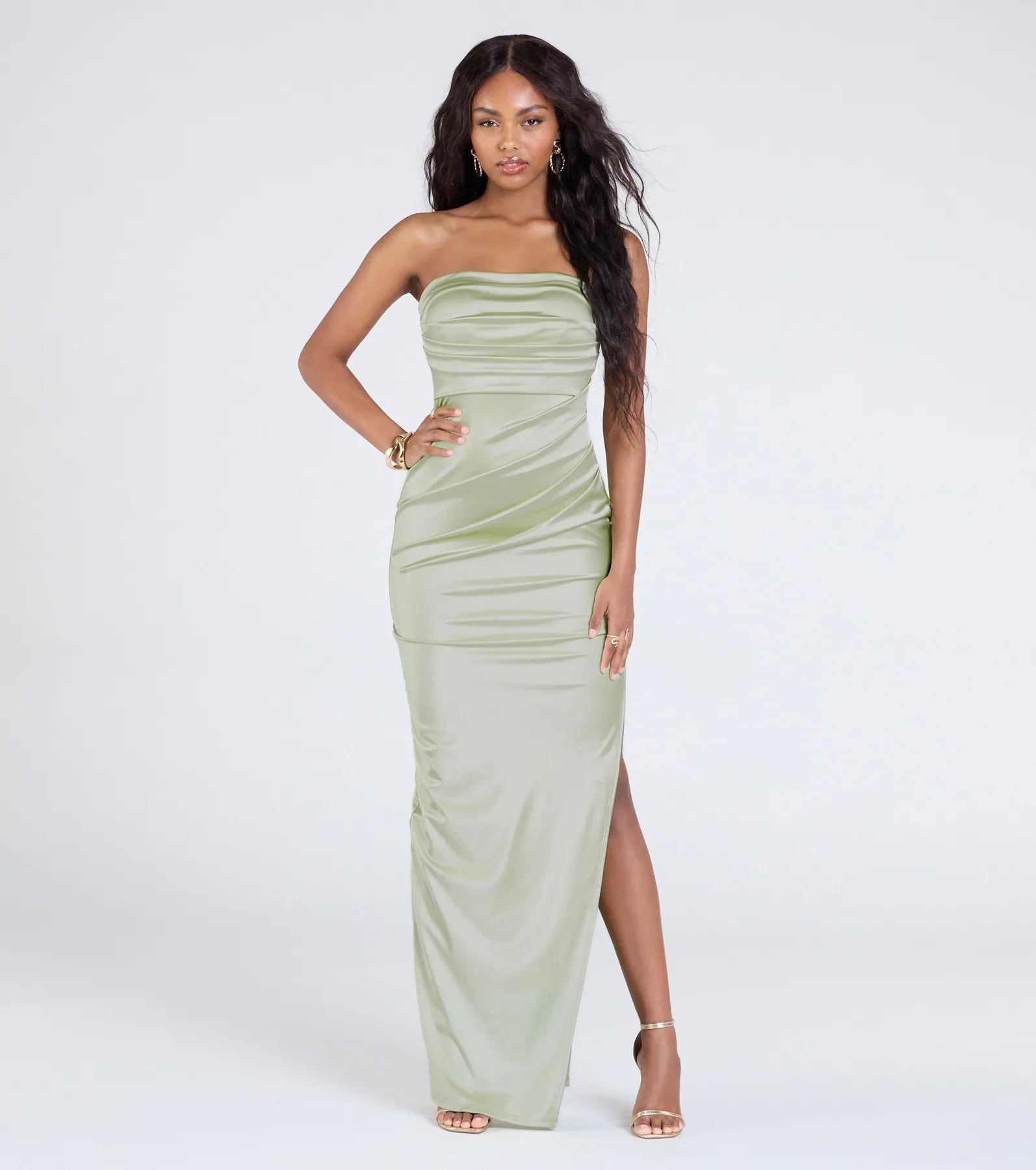 Brianna Satin Strapless High Slit Column Dress