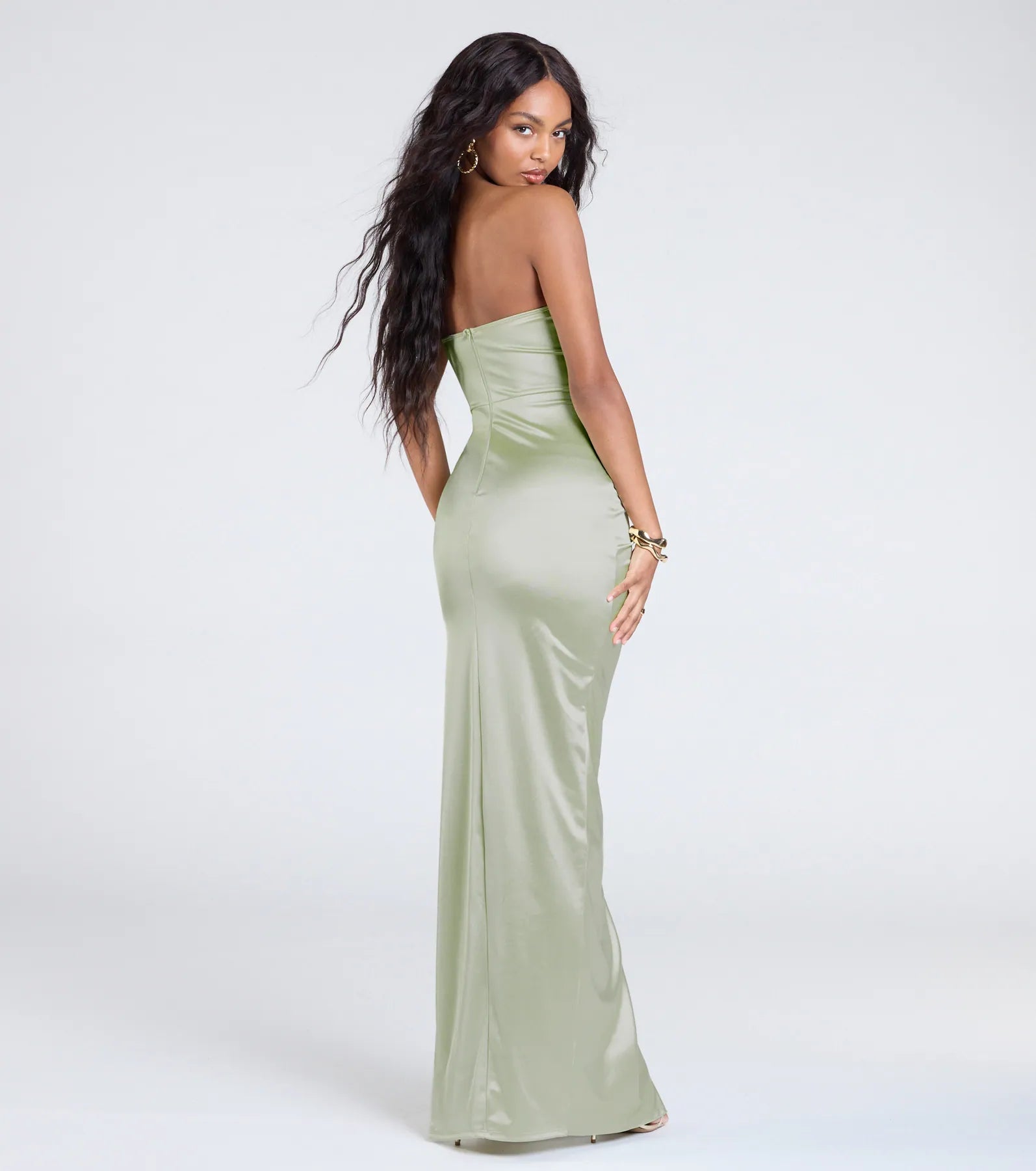 Brianna Satin Strapless High Slit Column Dress