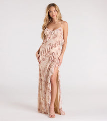 Sancia V-Neck Ruffle Slit Floral Formal Dress
