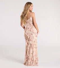 Sancia V-Neck Ruffle Slit Floral Formal Dress