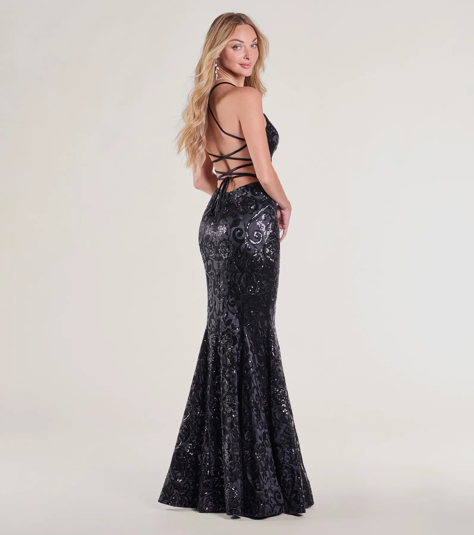 Saskia Lace-Up Mermaid Sequin Satin Formal Dress