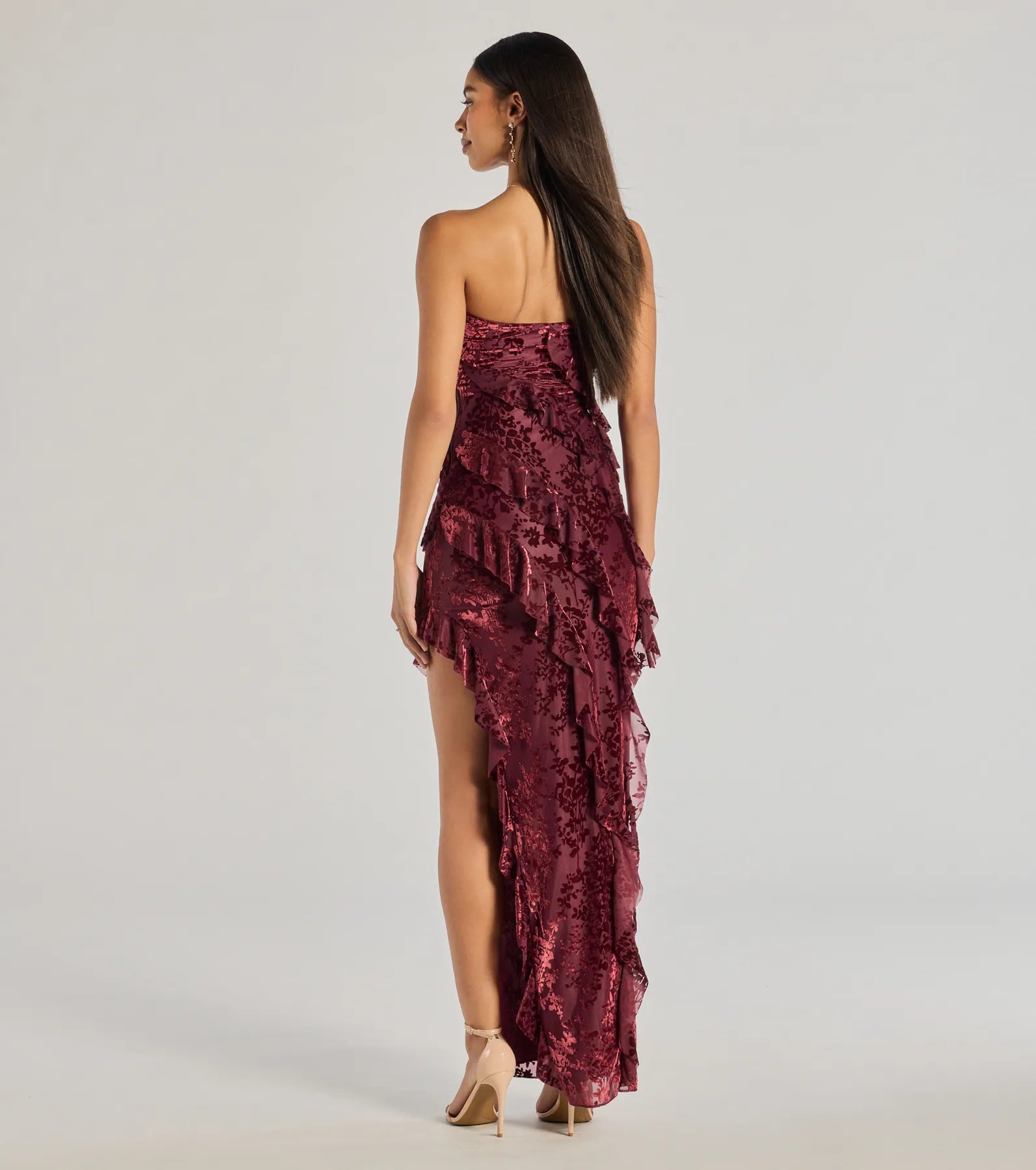 Brie Strapless Ruffled Slit Column Dress