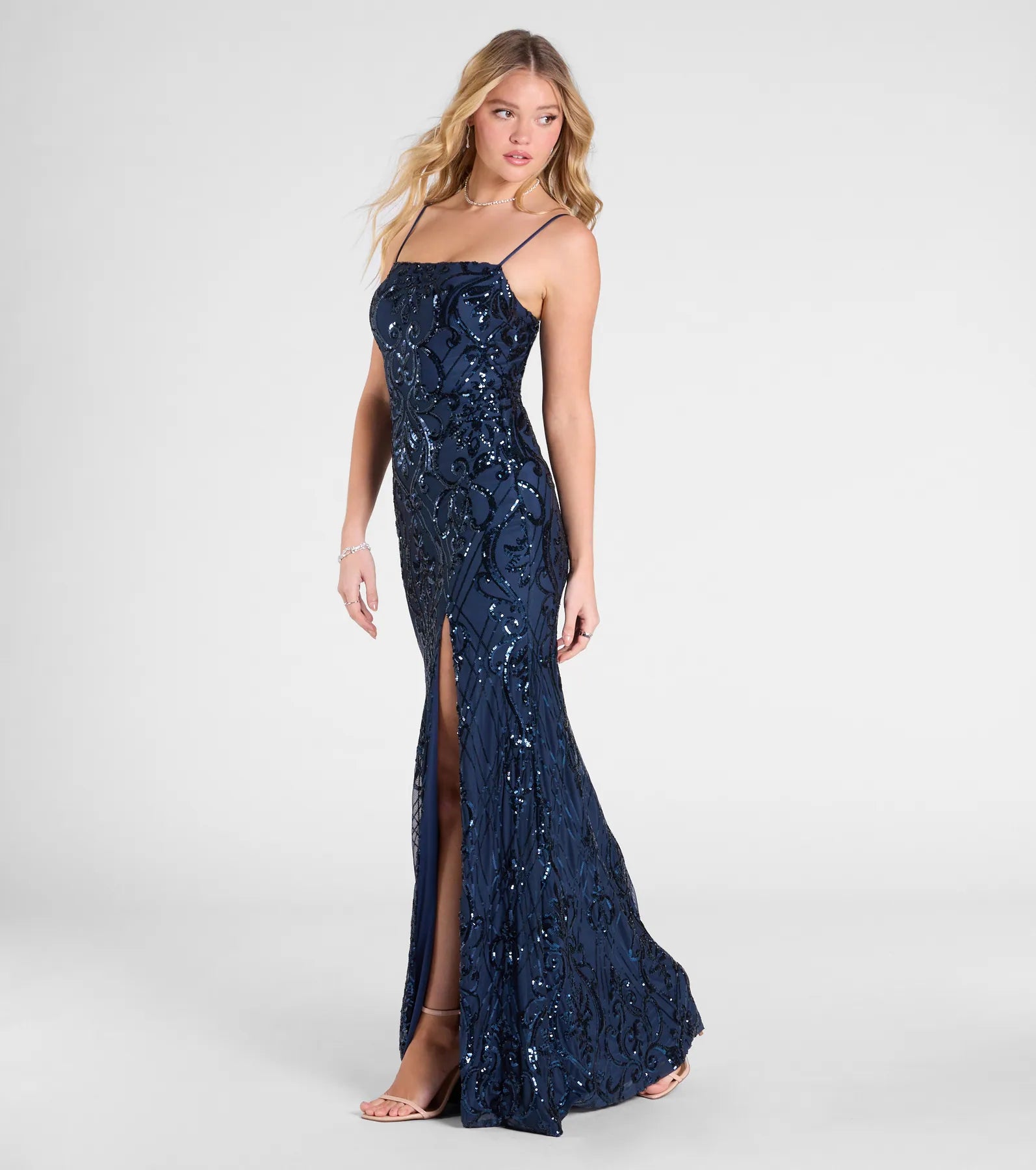 Jillian Sequin Slit Long Formal Dress