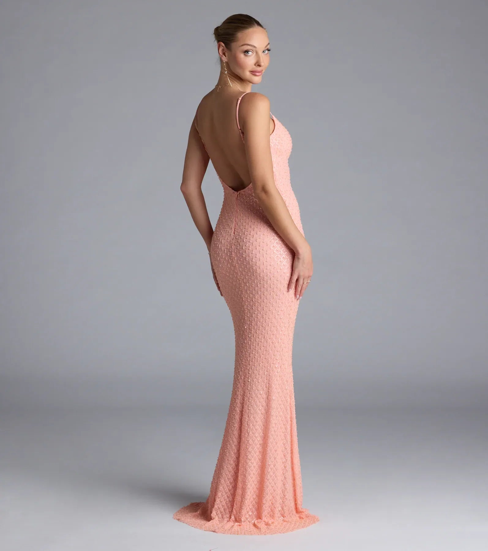 Amal Open Back Mermaid Bead Sequin Formal Dress