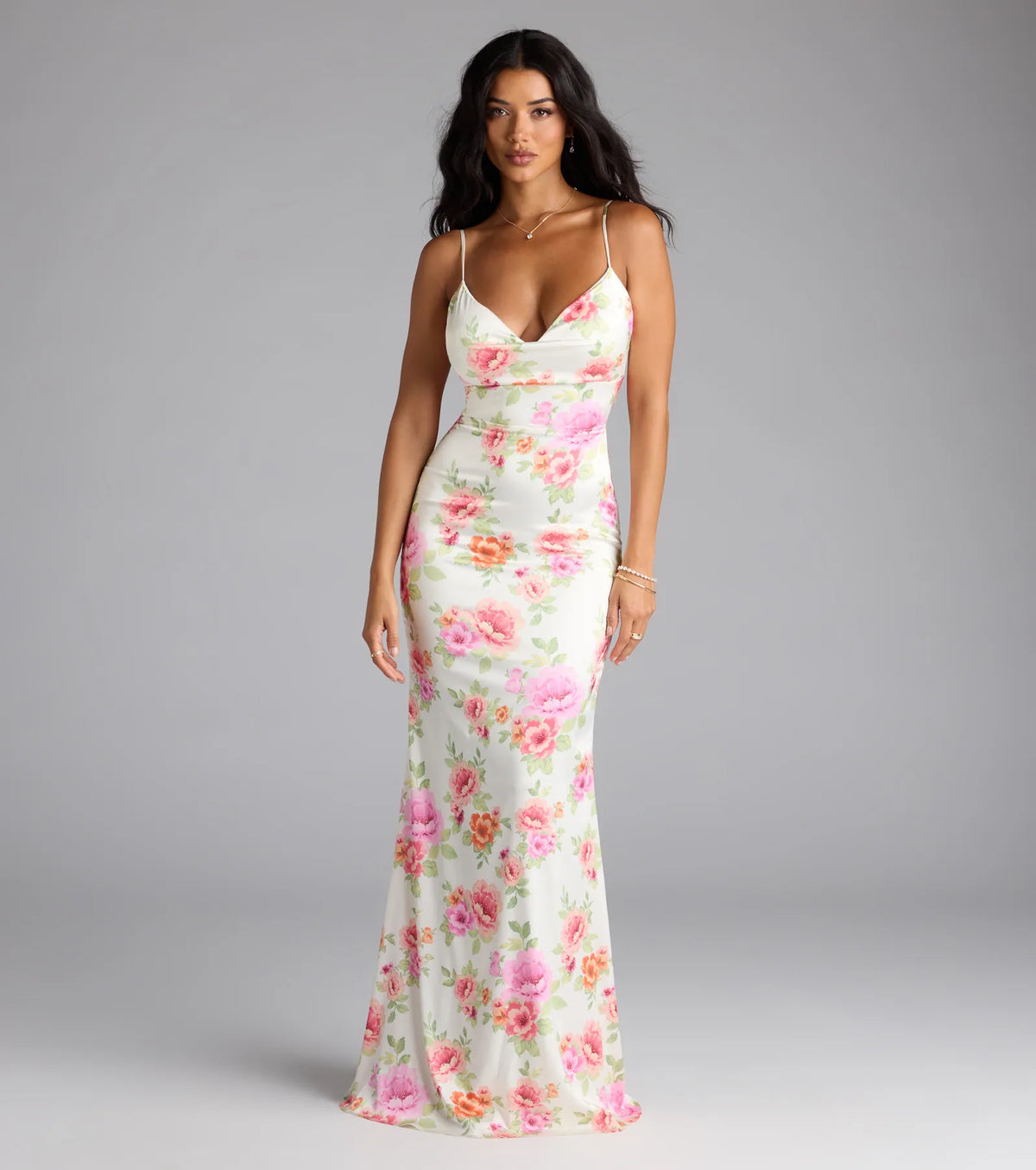 Emely Lace-Up Mermaid Floral Satin Formal Dress