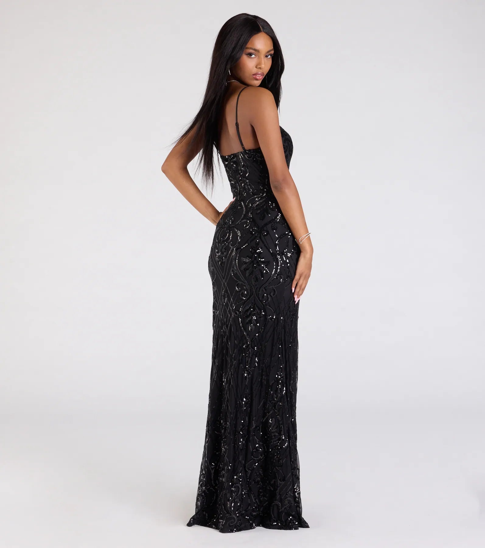 Jillian Sequin Slit Long Formal Dress