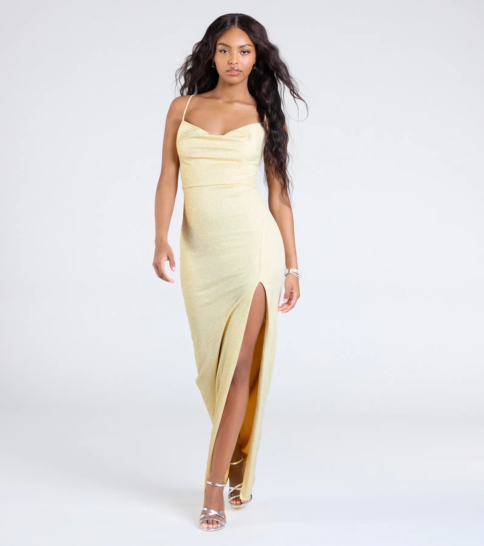 Shelly High Slit Glitter Knit Formal Dress