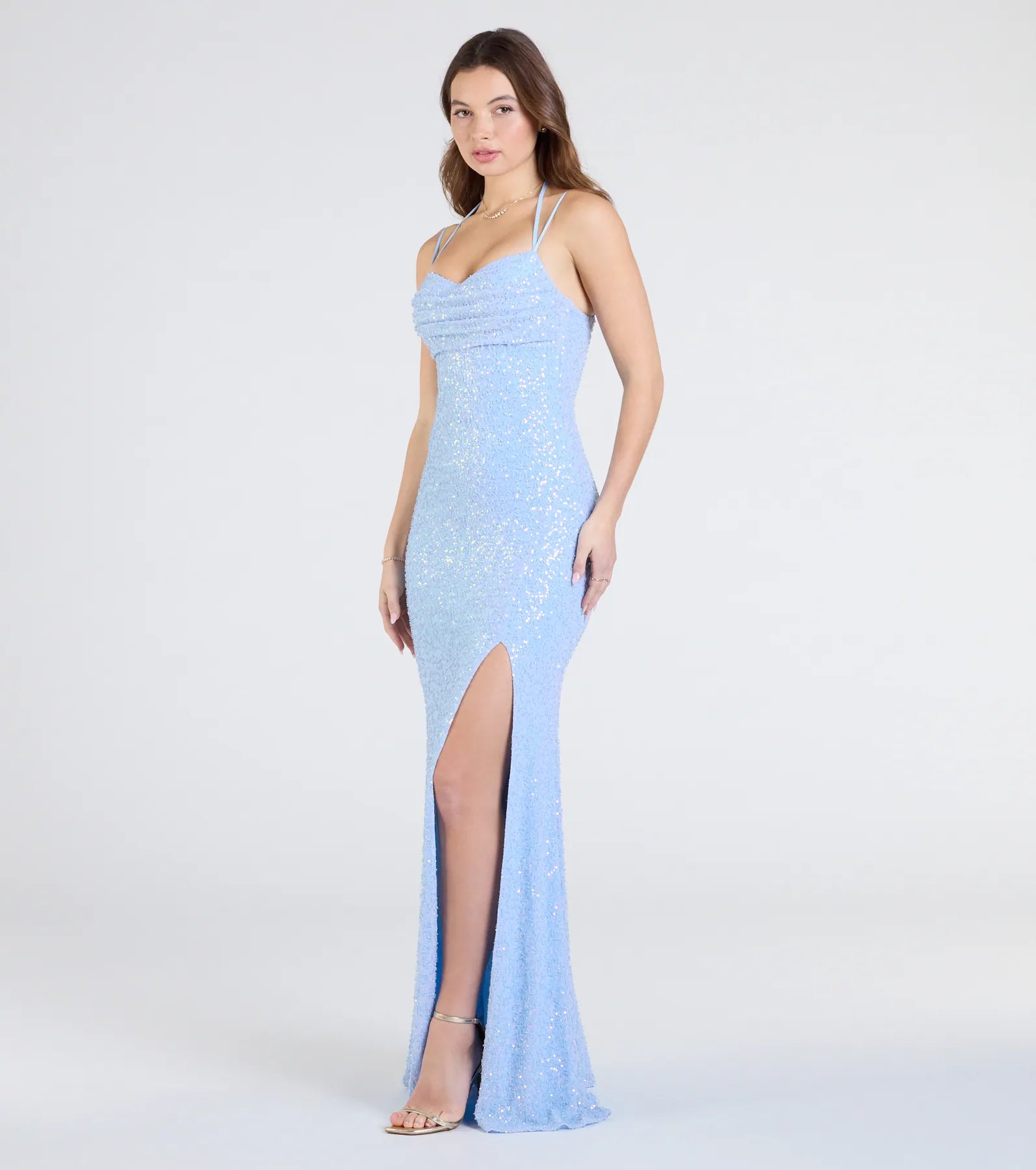 Kaitlyn Cowl Neck Slit Beaded Sequin Formal Dress