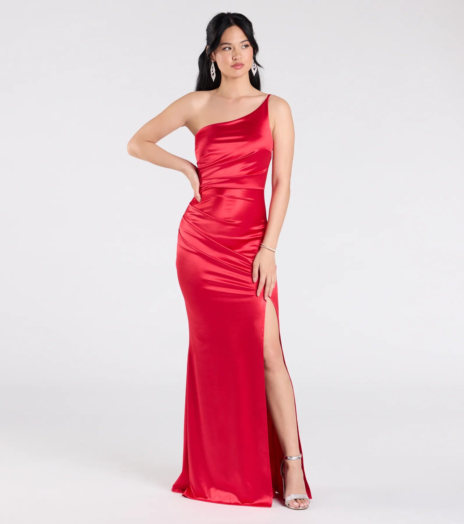 Contessa One-Shoulder Slit Satin Formal Dress