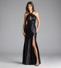 Brookelle Halter Applique Slit Satin Formal Dress