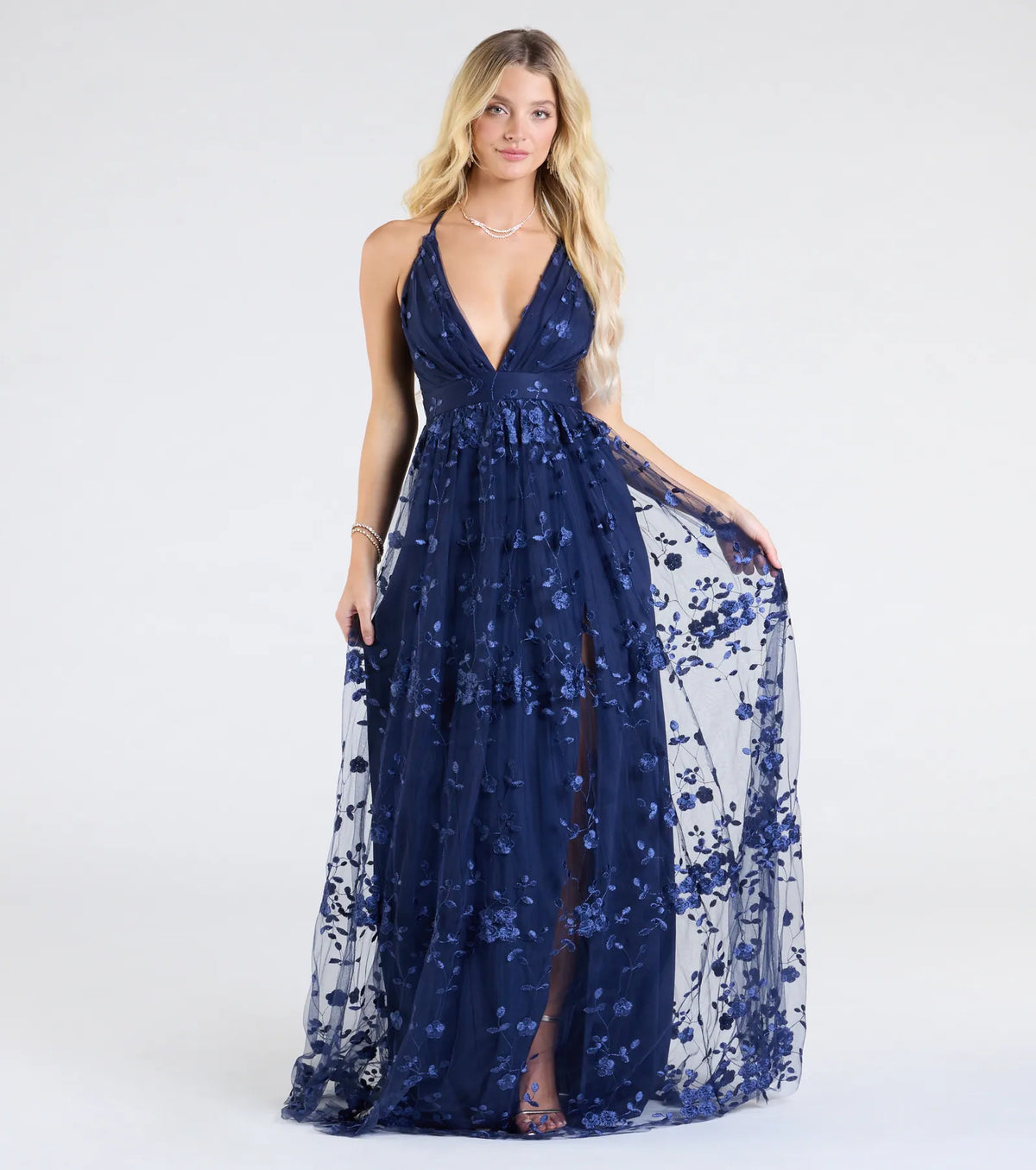 Nina Strappy A-Line Floral Tulle Formal Dress